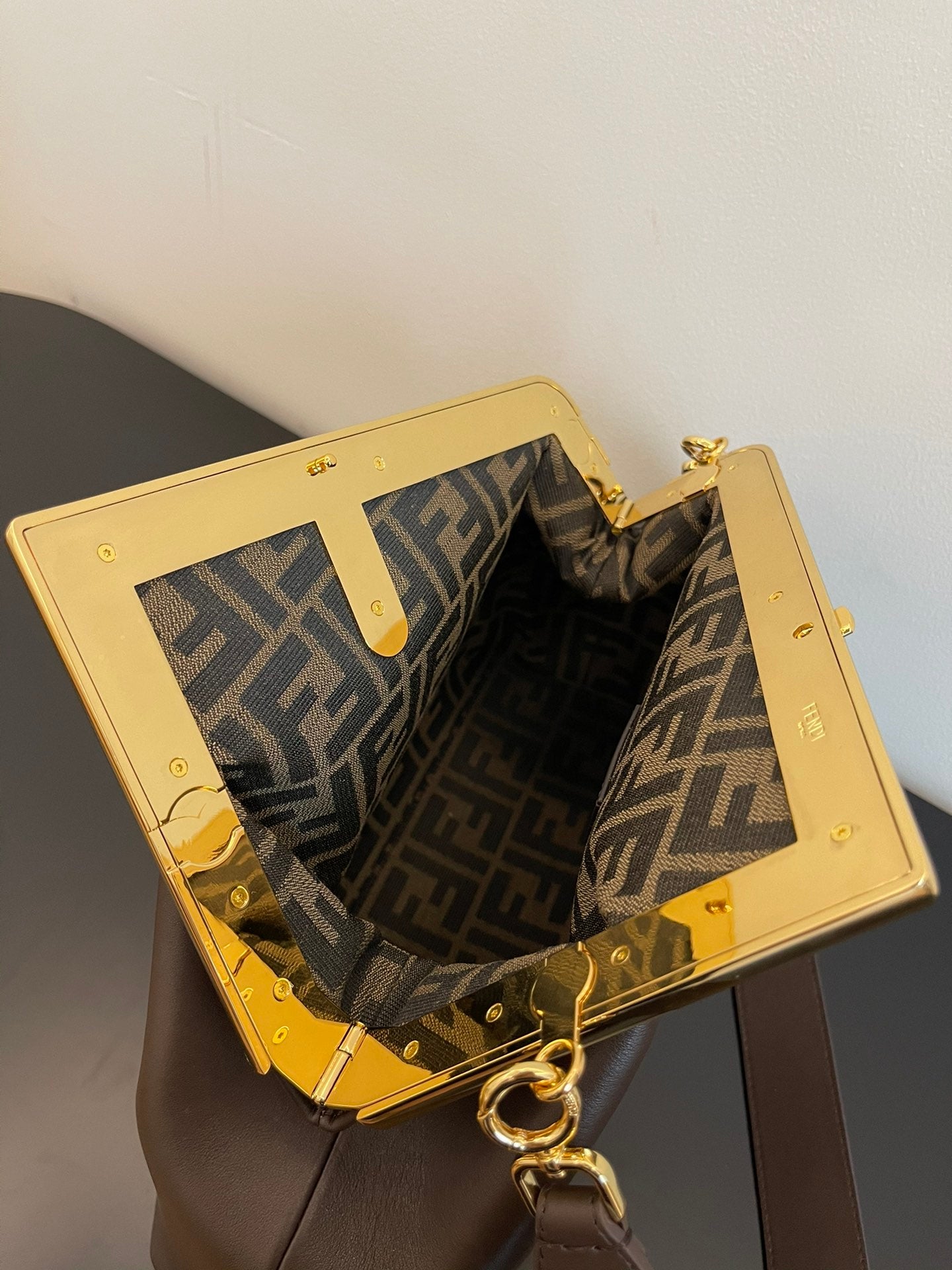 Fendi First Small Brown Leather Clutch with Gold-Tone F Clasp