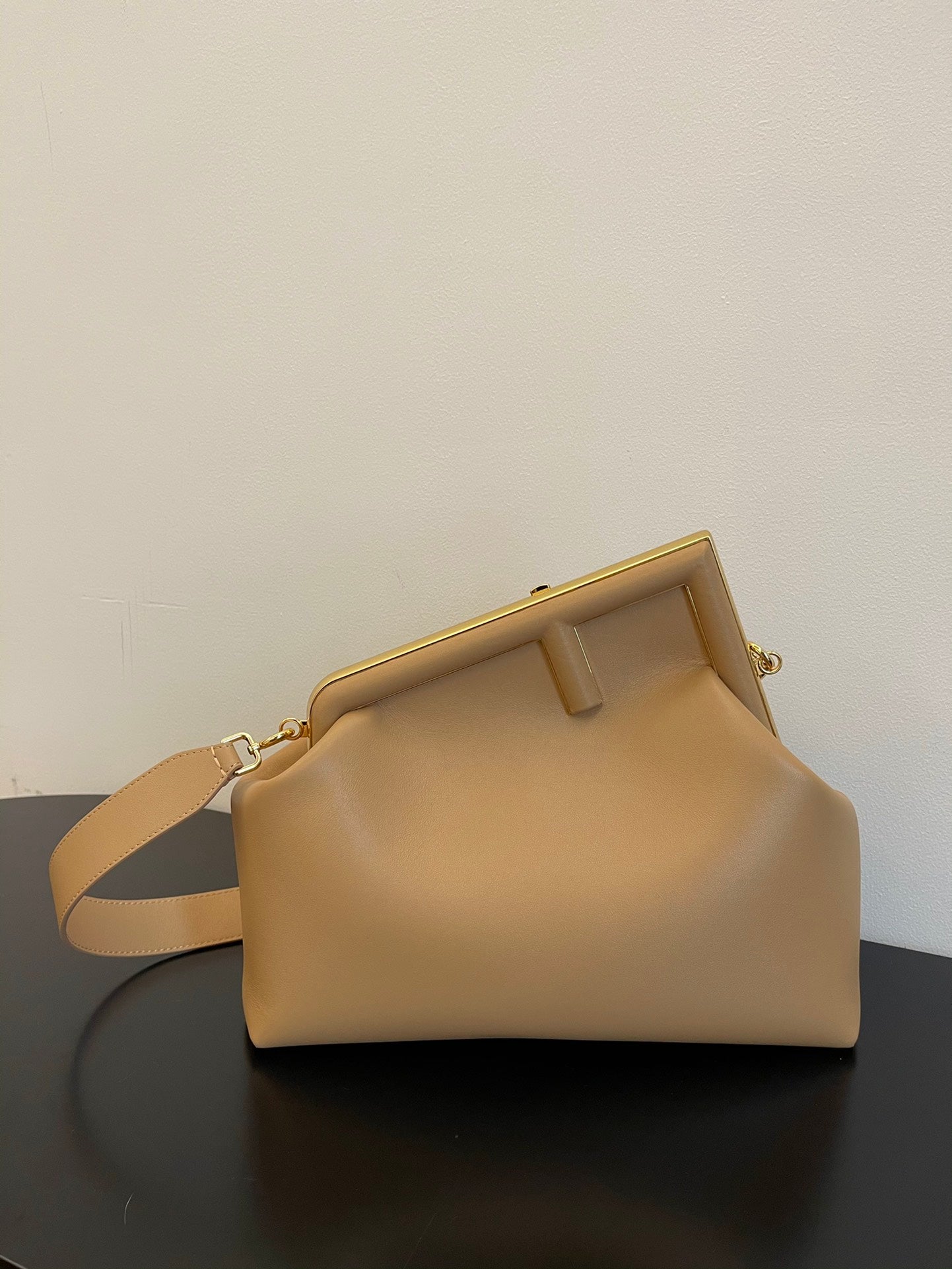 Small Leather Asymmetric Clutch Bag with Detachable Shoulder Strap - Beige