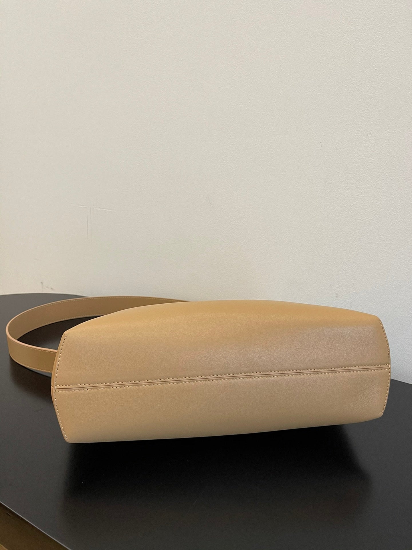 Small Leather Asymmetric Clutch Bag with Detachable Shoulder Strap - Beige