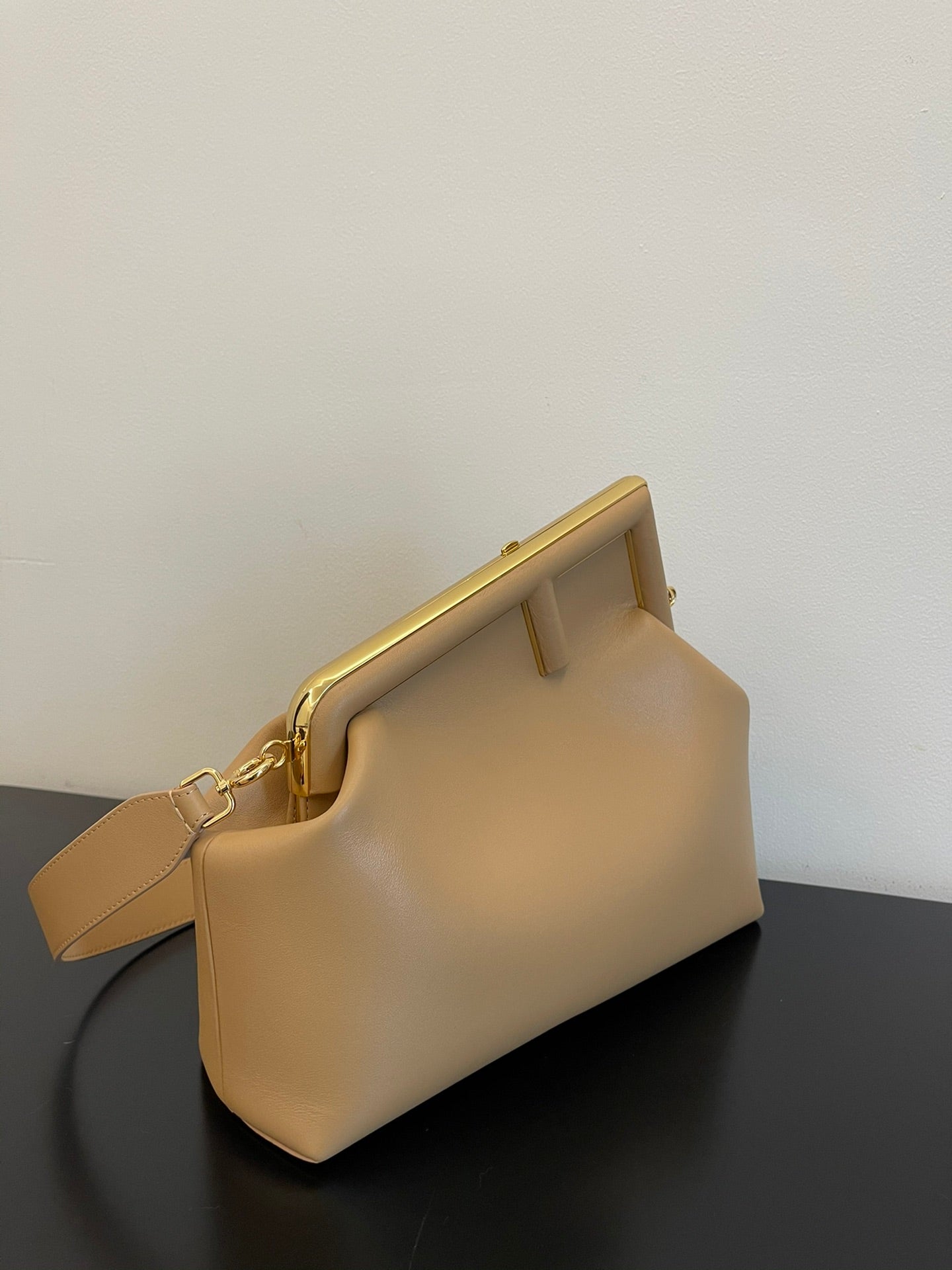 Small Leather Asymmetric Clutch Bag with Detachable Shoulder Strap - Beige