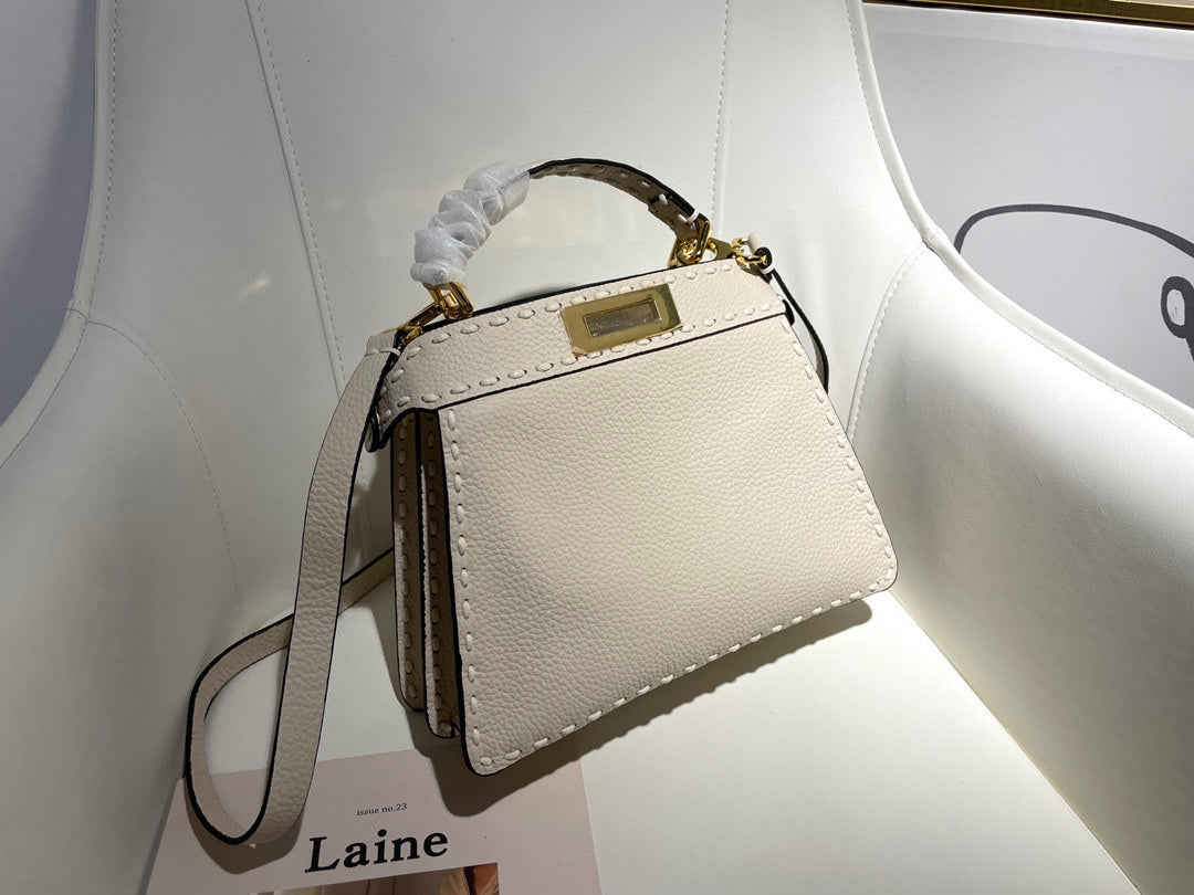 Elegant White Leather Top Handle Crossbody Bag with Gold-Tone Hardware