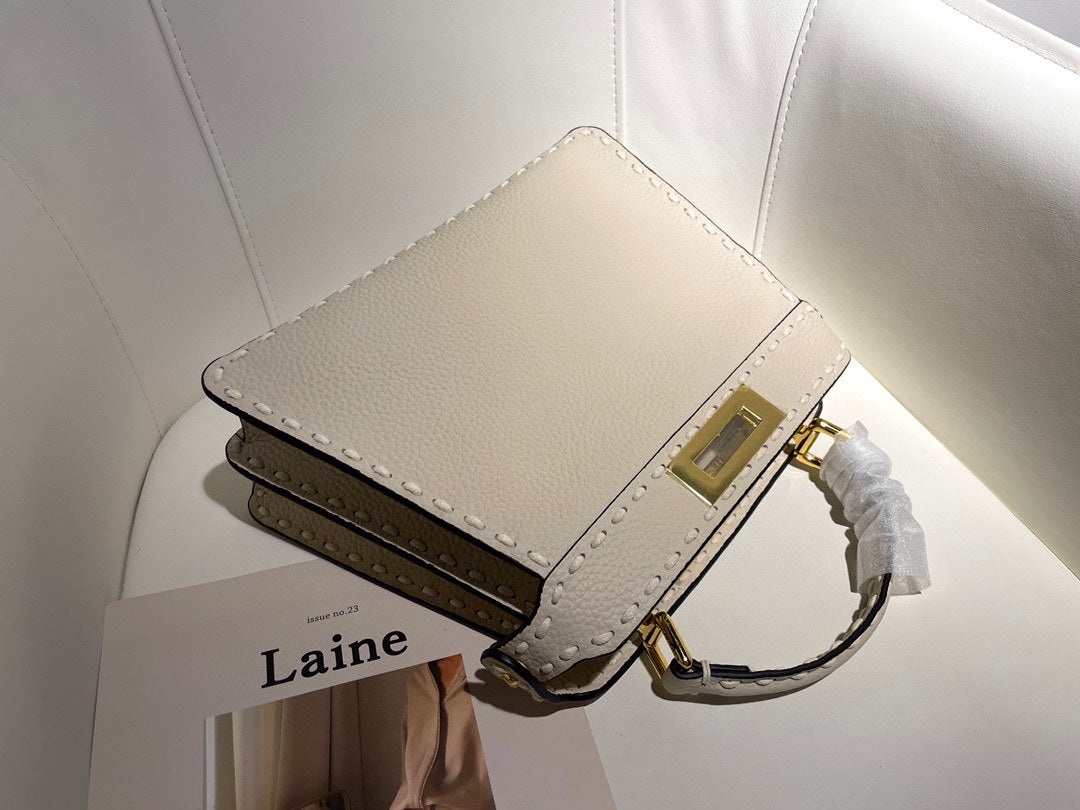 Luxury Cream White Leather Small Top Handle Handbag with Gold Hardware