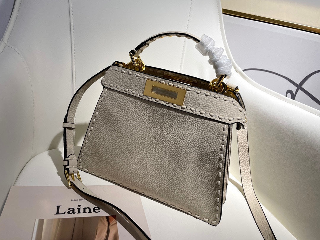 Luxury Cream White Leather Small Top Handle Handbag with Gold Hardware