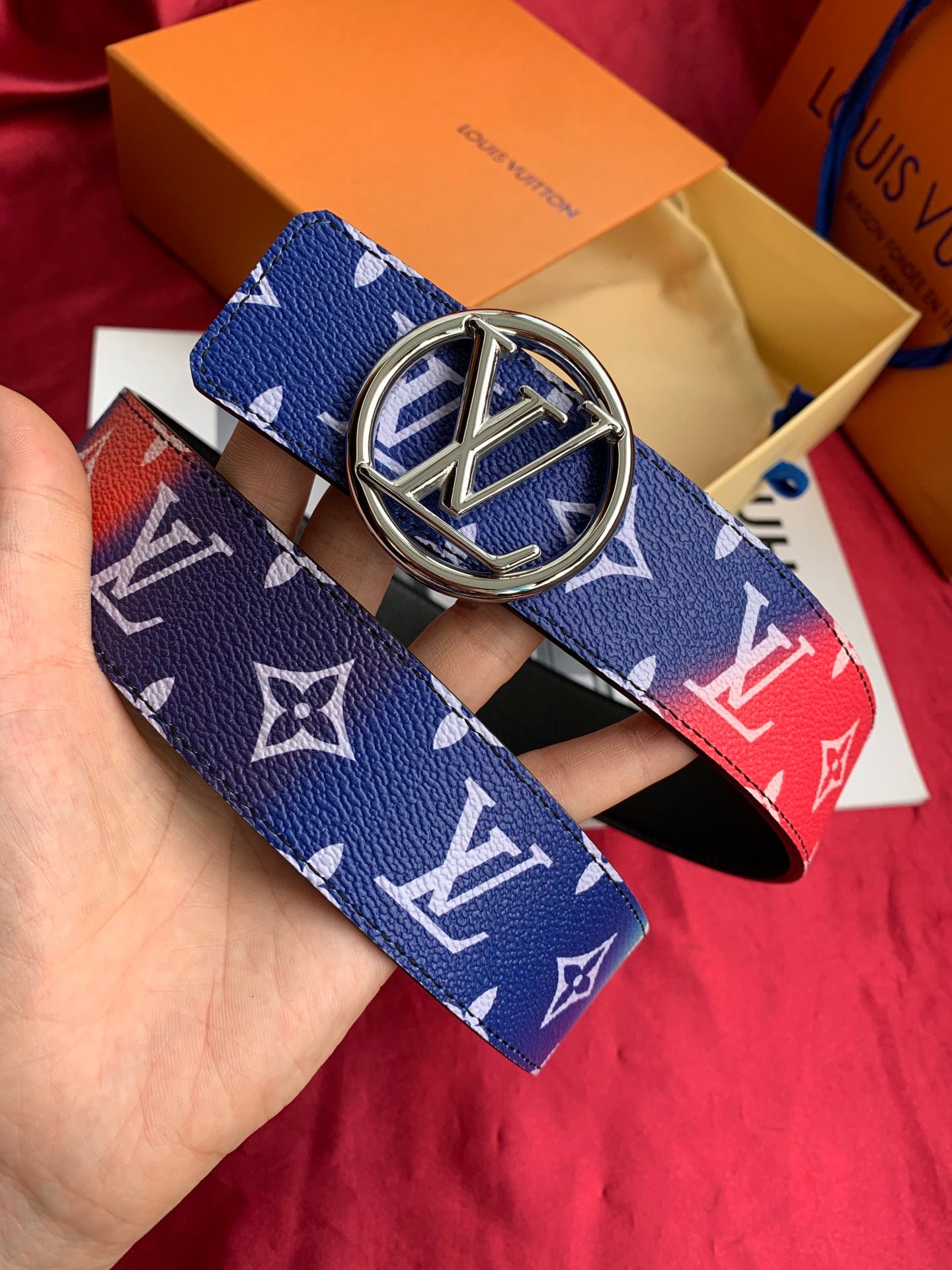 Louis Vuitton LV Circle Belt Monogram Canvas Blue and Pink Gradient with Silver Buckle