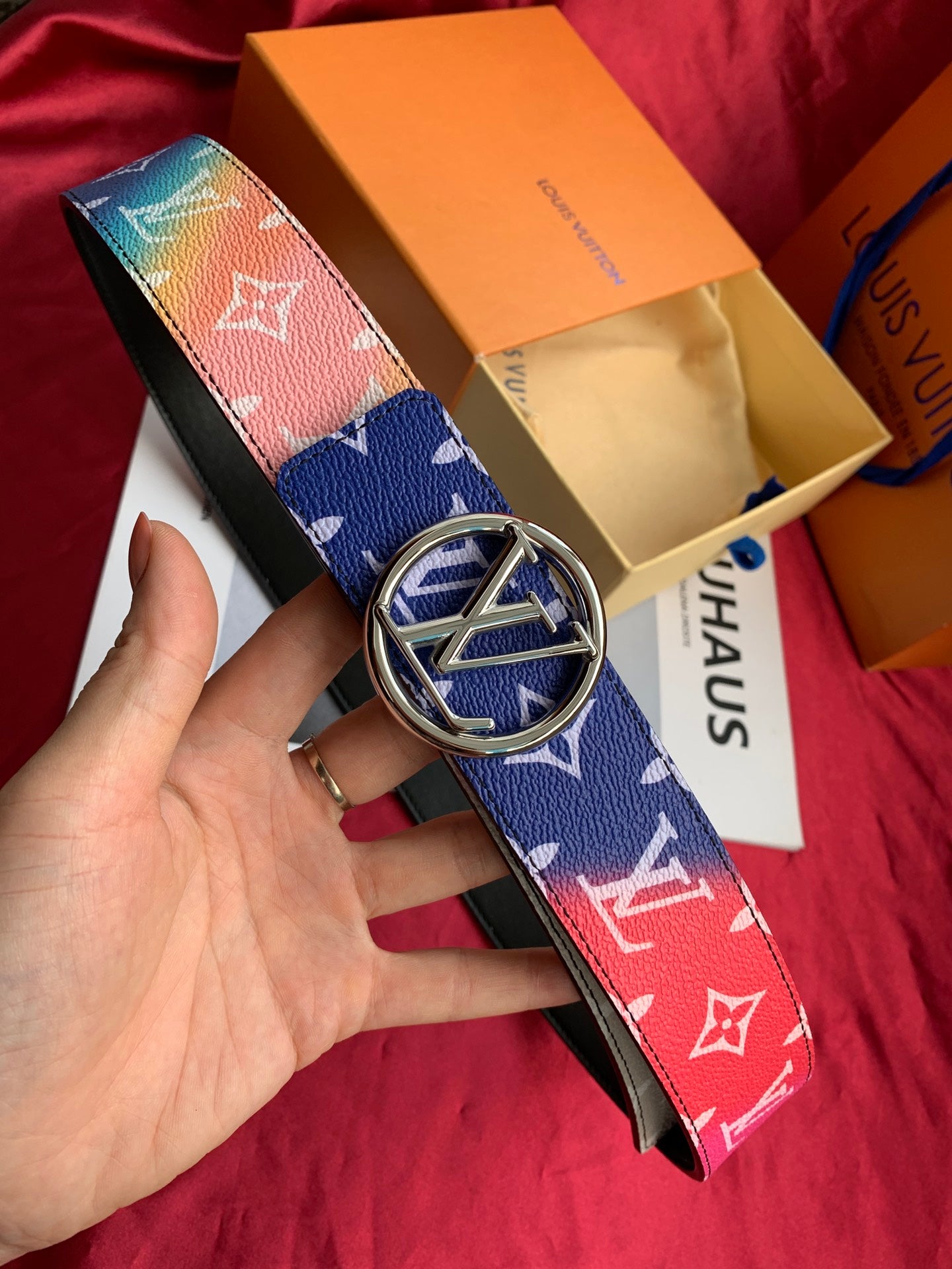 Louis Vuitton LV Circle Belt Monogram Canvas Blue and Pink Gradient with Silver Buckle