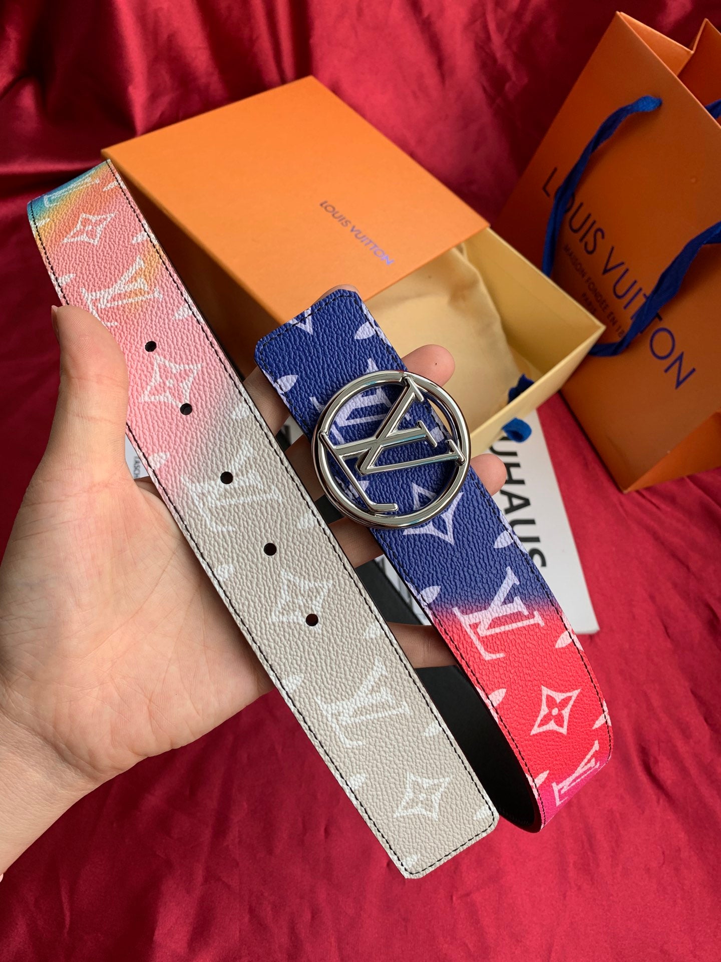 Louis Vuitton LV Circle Belt Monogram Canvas Blue and Pink Gradient with Silver Buckle