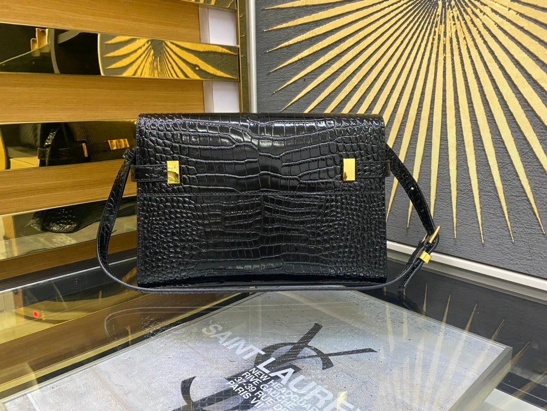 Saint Laurent Manhattan Small Shoulder Bag in Crocodile-Embossed Leather - Black