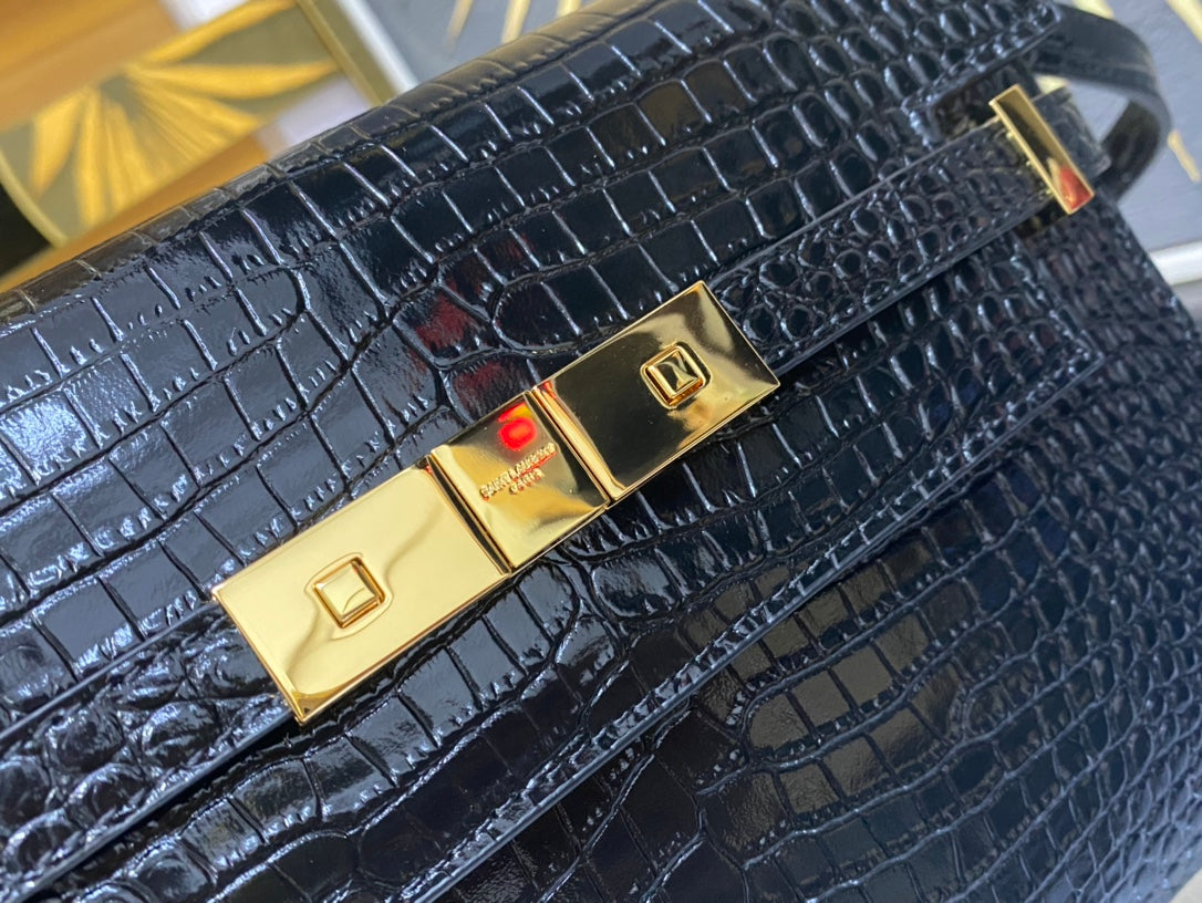 Saint Laurent Manhattan Small Shoulder Bag in Crocodile-Embossed Leather - Black