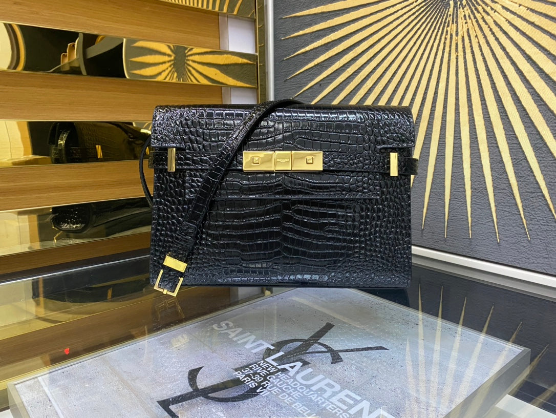 Saint Laurent Manhattan Small Shoulder Bag in Crocodile-Embossed Leather - Black