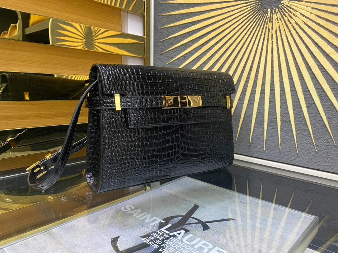 Saint Laurent Manhattan Small Shoulder Bag in Crocodile-Embossed Leather - Black