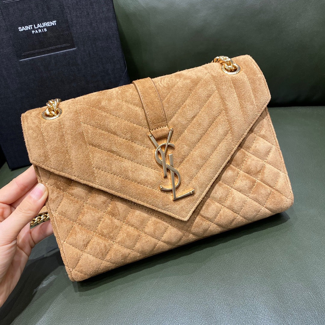 Saint Laurent Envelope Medium Bag in Quilted Suede - Tan