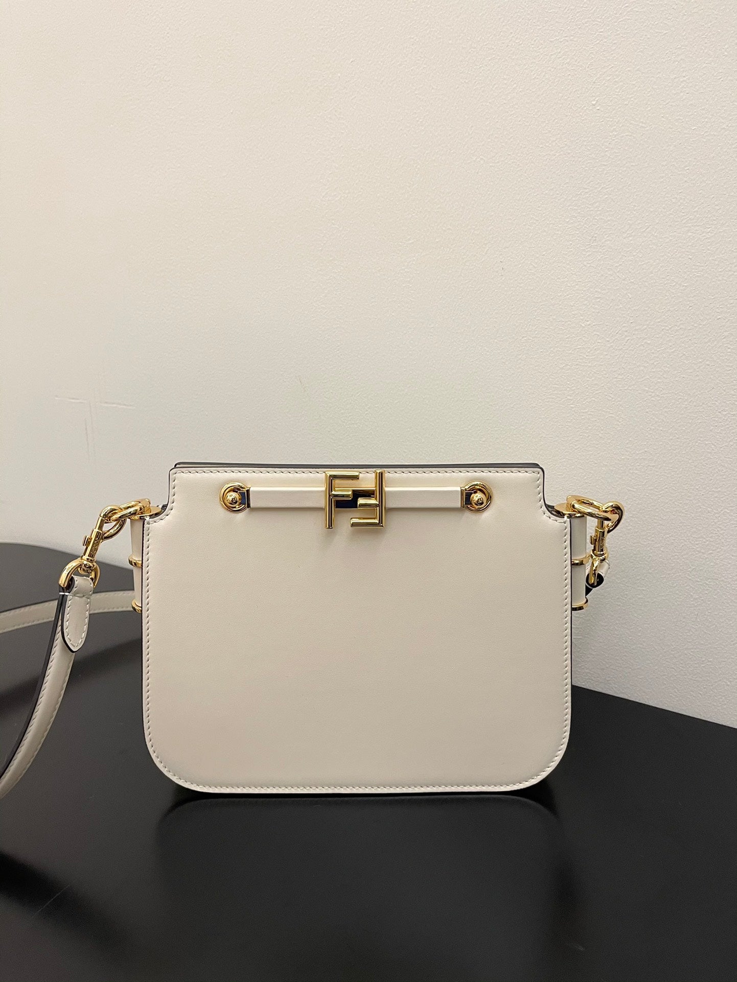 Fendi Touch Small Shoulder Bag in White Leather with Gold-Tone Hardware