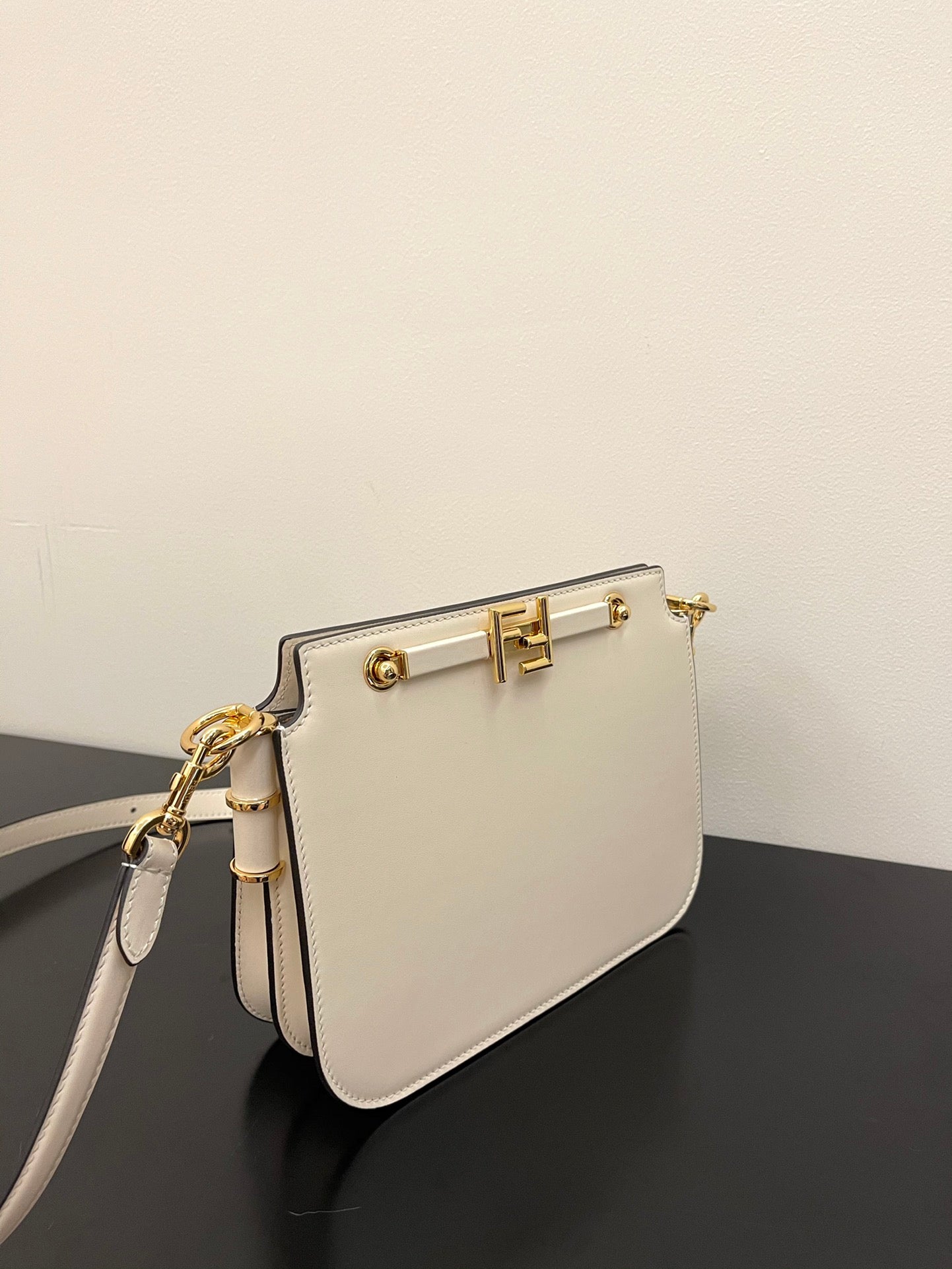 Fendi Touch Small Shoulder Bag in White Leather with Gold-Tone Hardware