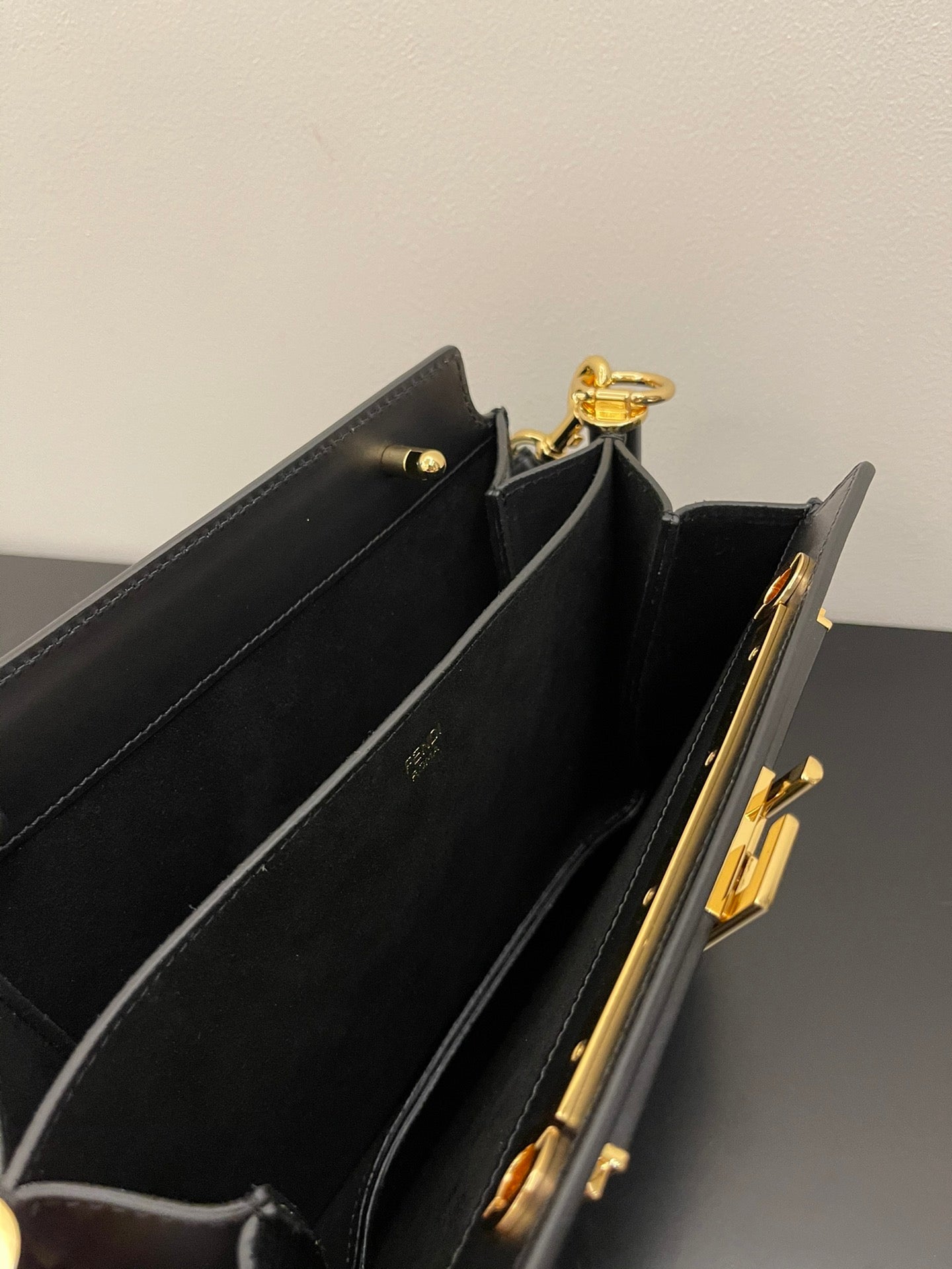 Fendi Black Leather Shoulder Bag with Gold-Tone FF Logo Clasp