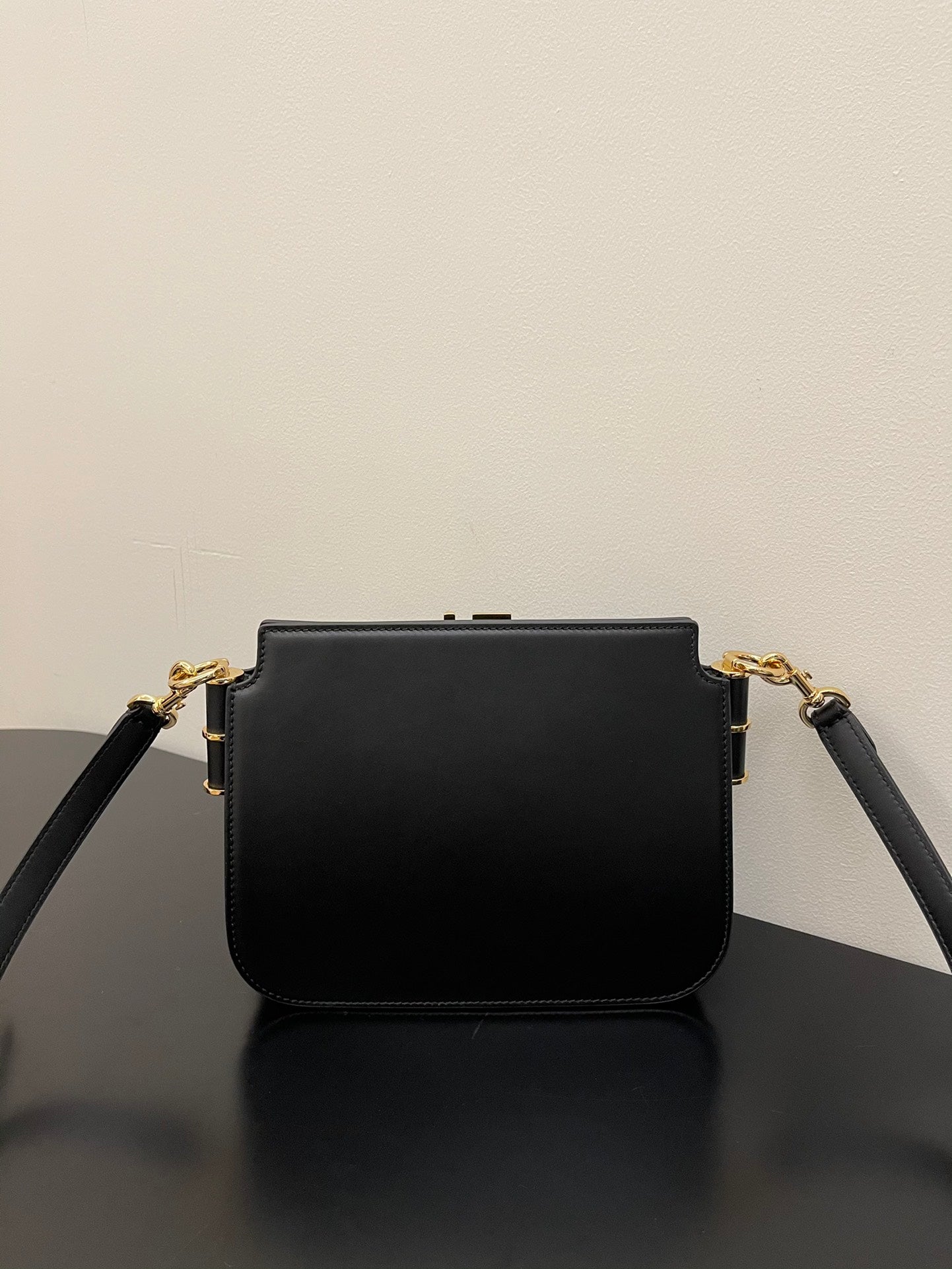 Fendi Black Leather Shoulder Bag with Gold-Tone FF Logo Clasp