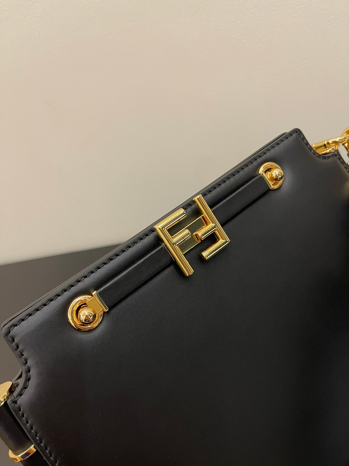 Fendi Black Leather Shoulder Bag with Gold-Tone FF Logo Clasp