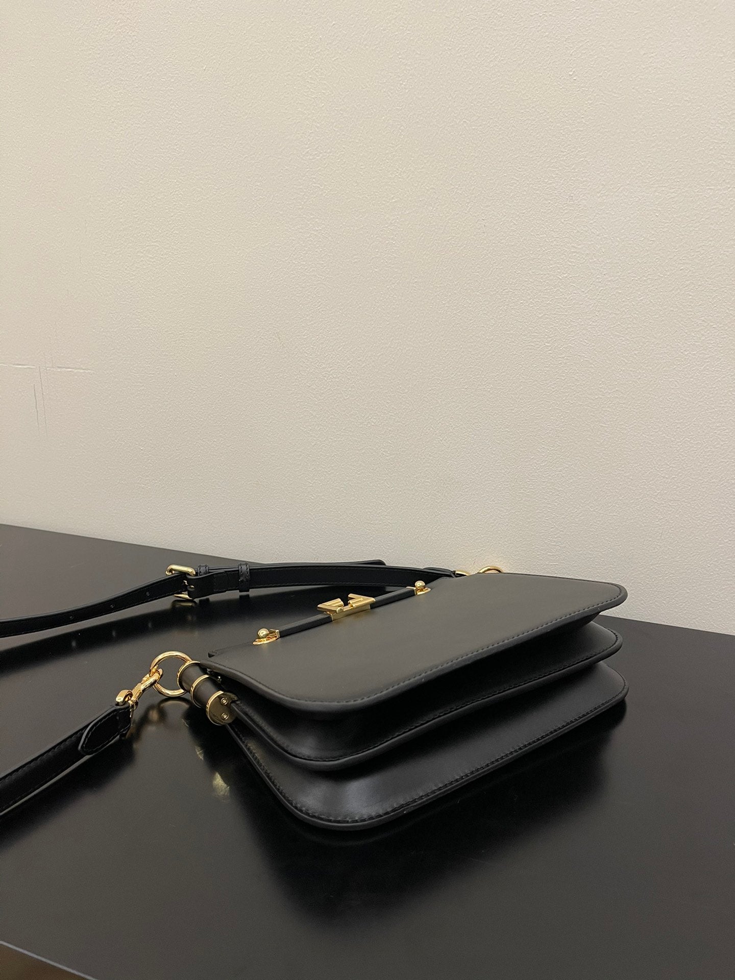 Fendi Black Leather Shoulder Bag with Gold-Tone FF Logo Clasp