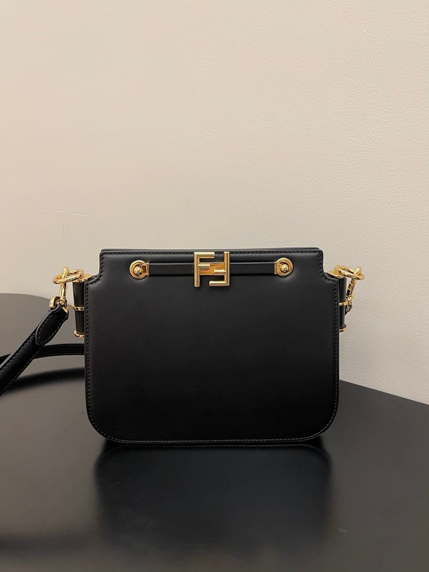 Fendi Black Leather Touch Shoulder Bag with Gold-Tone Hardware
