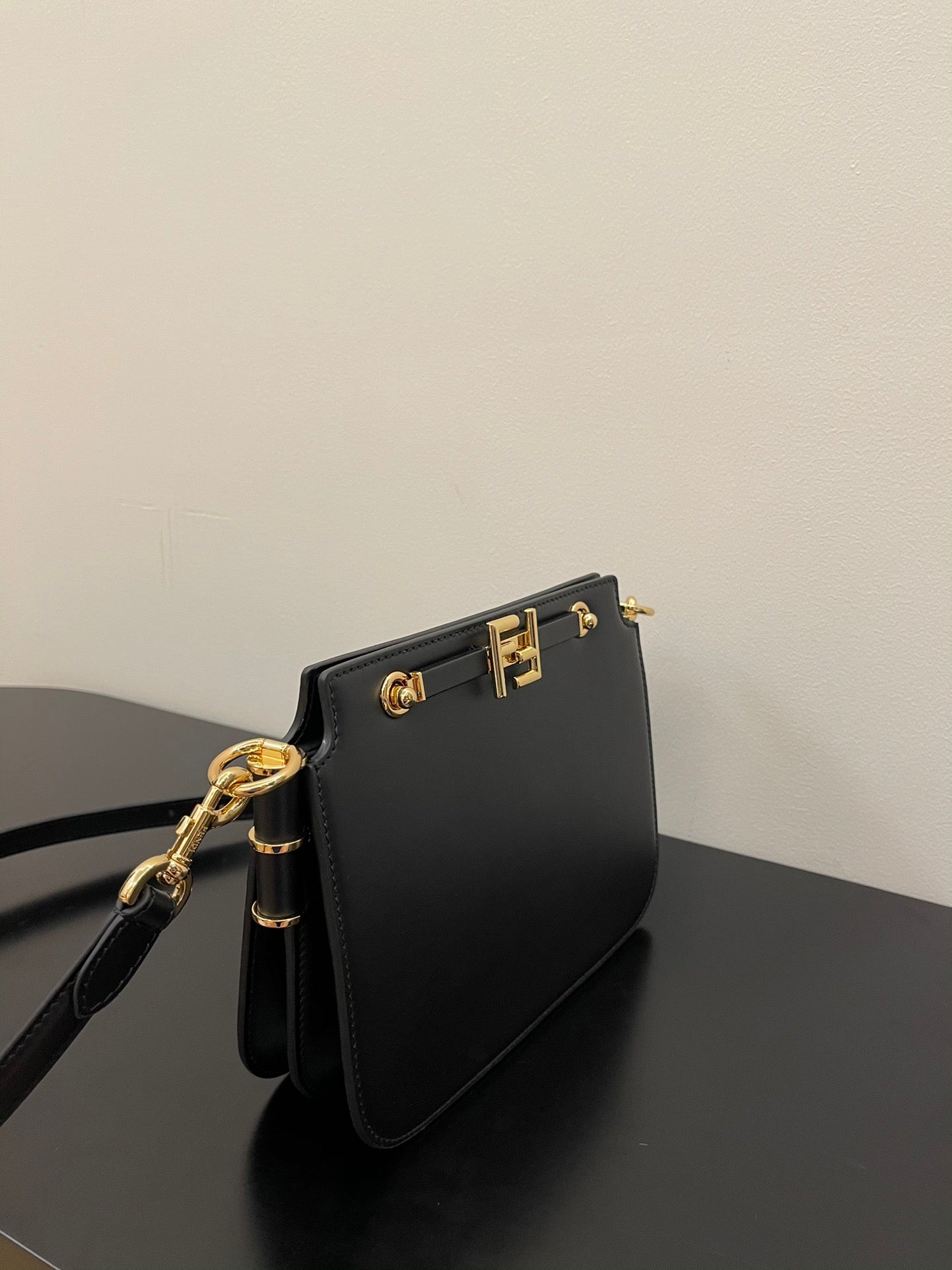 Fendi Black Leather Shoulder Bag with Gold-Tone FF Logo Clasp