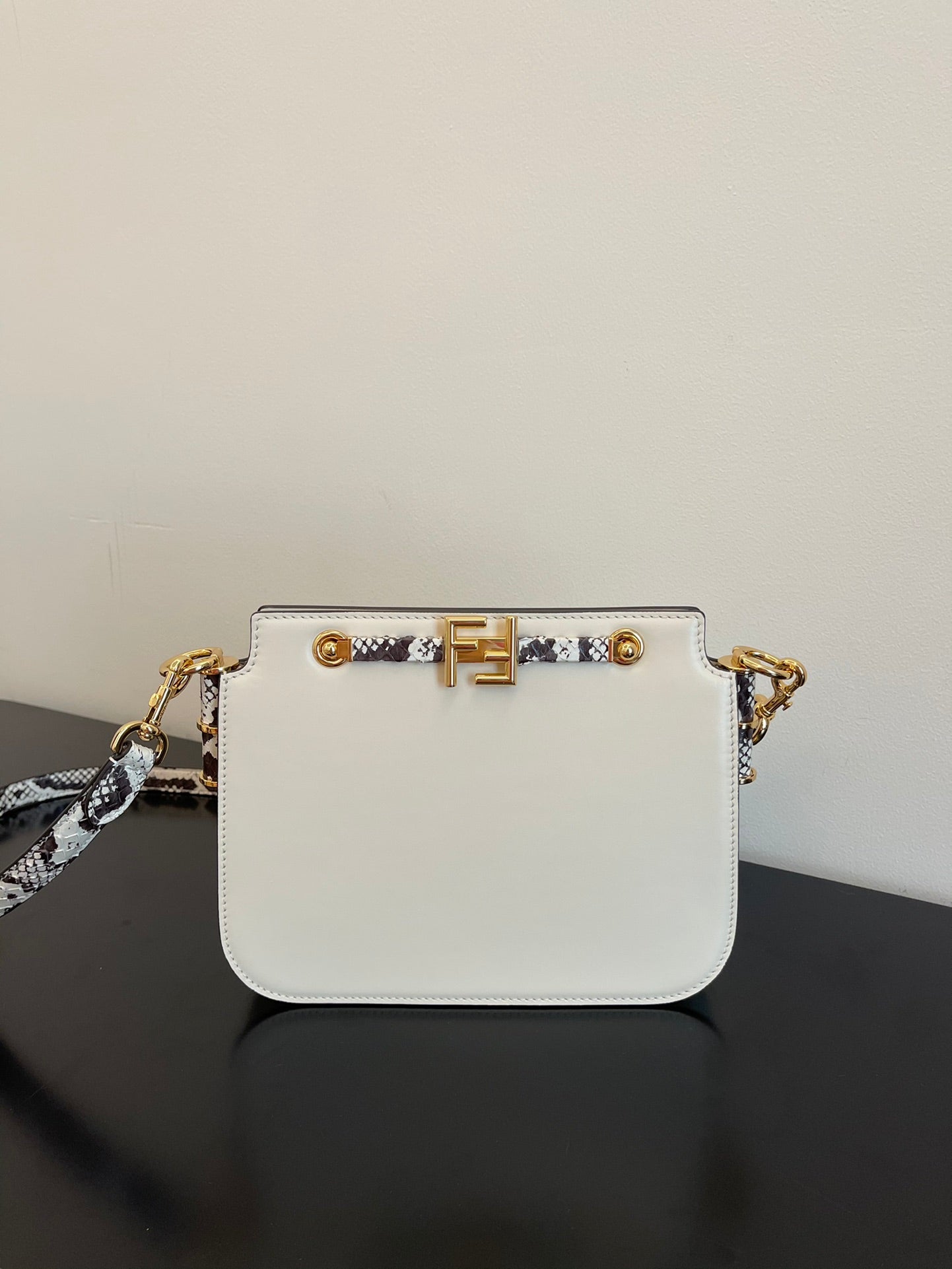 Fendi C'mon Mini White Leather Crossbody Bag with Gold FF Logo