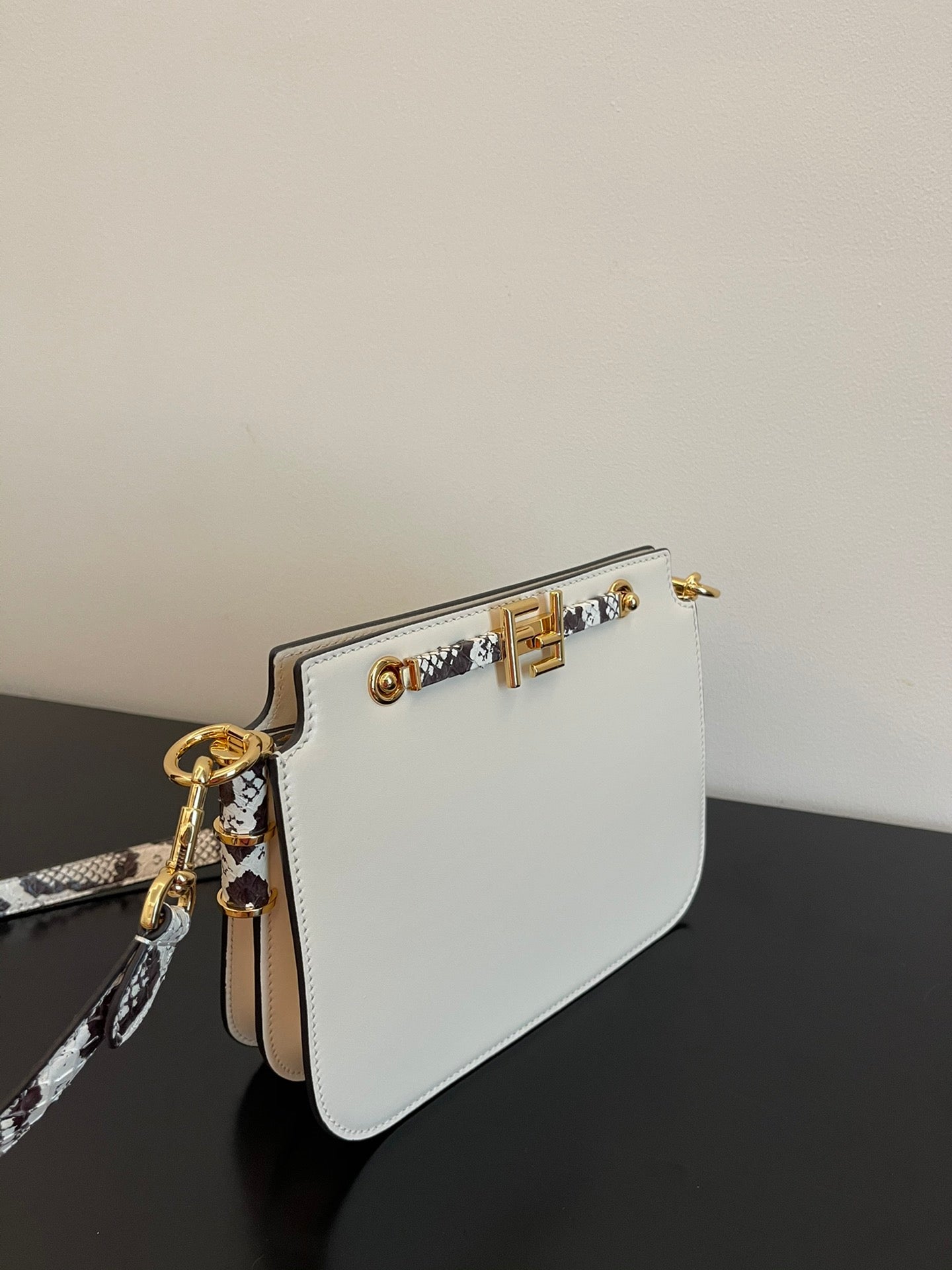 Fendi C'mon Mini White Leather Crossbody Bag with Gold FF Logo