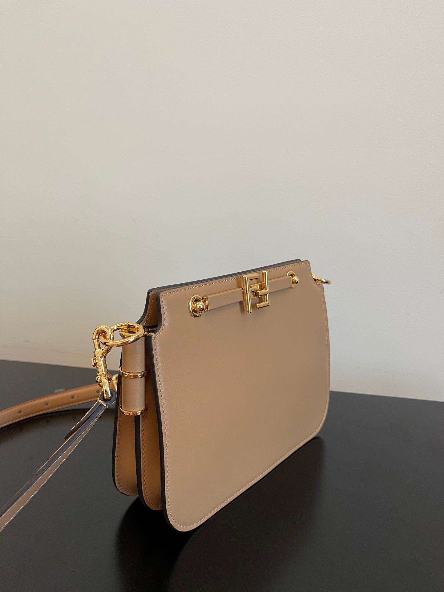 Fendi Beige Leather Small Crossbody Bag with Gold-Tone FF Logo