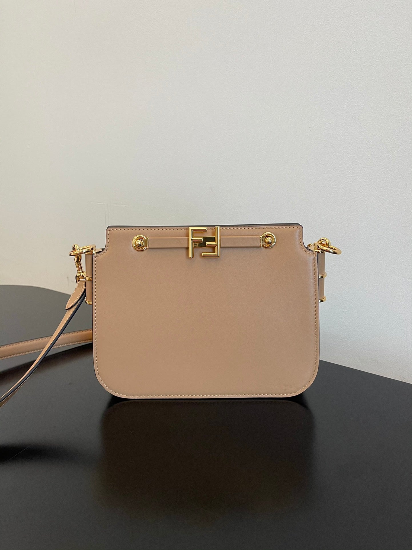 Fendi Touch Leather Shoulder Bag in Beige with Gold Hardware