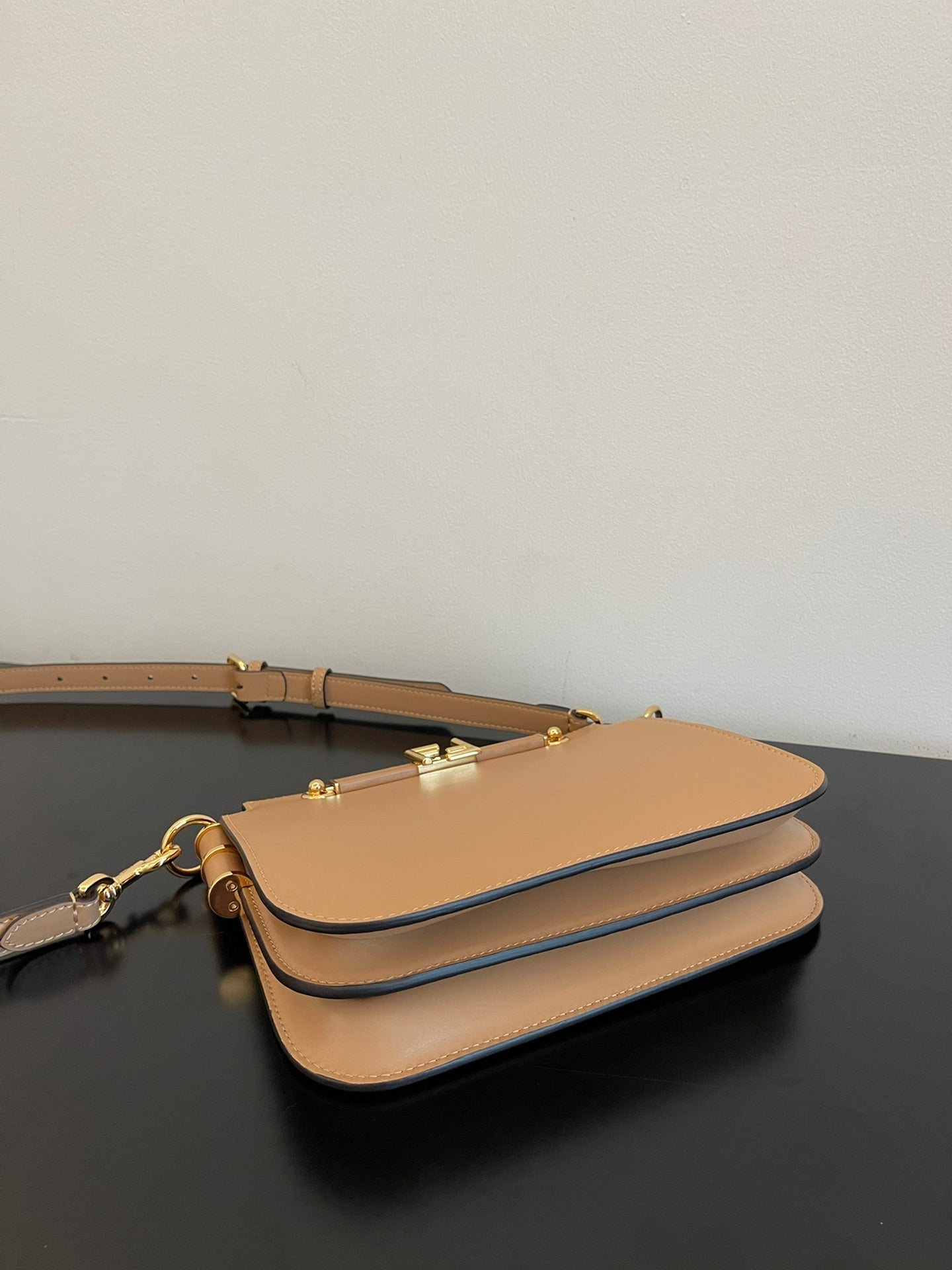 Fendi Beige Leather Small Crossbody Bag with Gold-Tone FF Logo