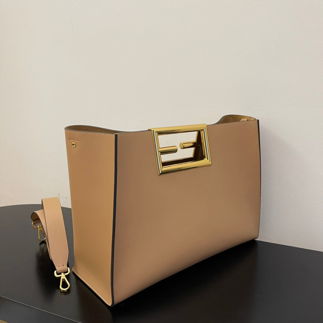 Women's Beige Leather Shoulder Bag with Gold Buckle Hardware