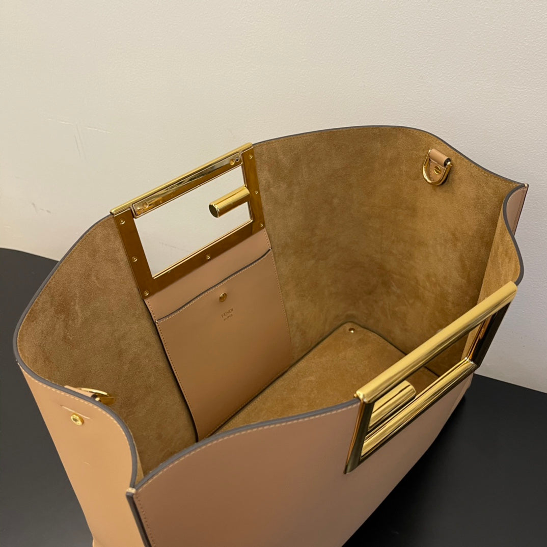 Women's Beige Leather Shoulder Bag with Gold Buckle Hardware