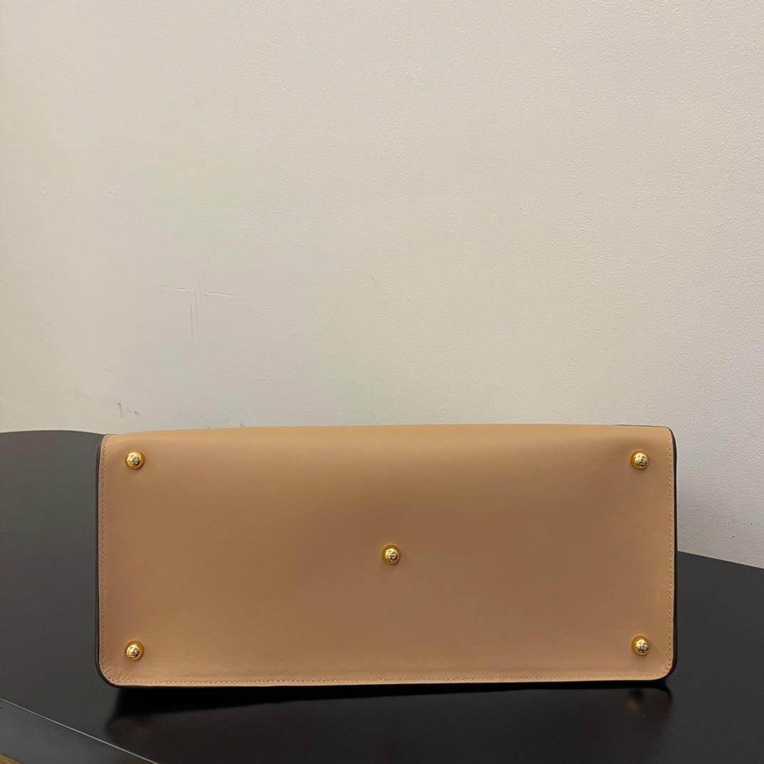 Women's Beige Leather Shoulder Bag with Gold Buckle Hardware