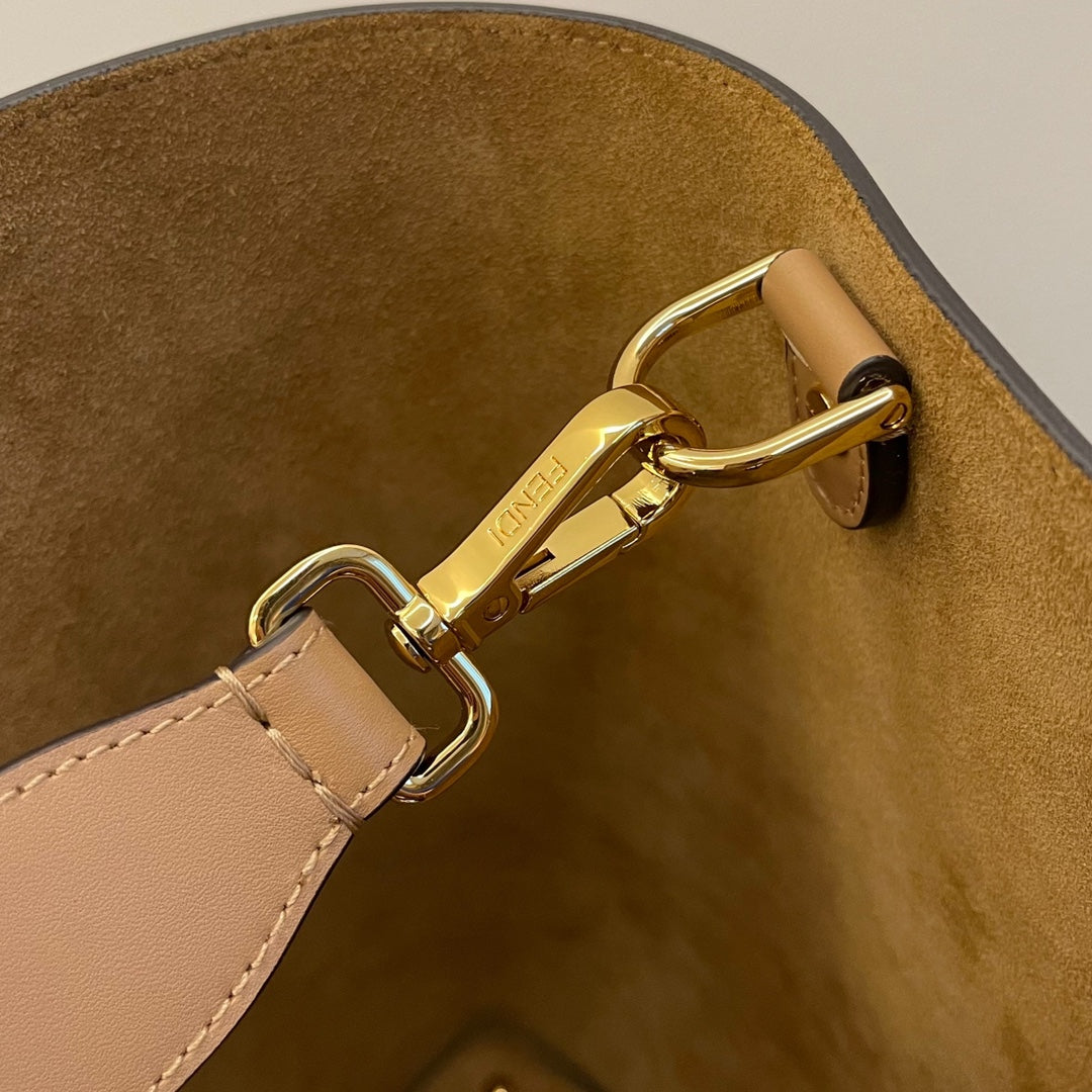 Women's Beige Leather Shoulder Bag with Gold Buckle Hardware