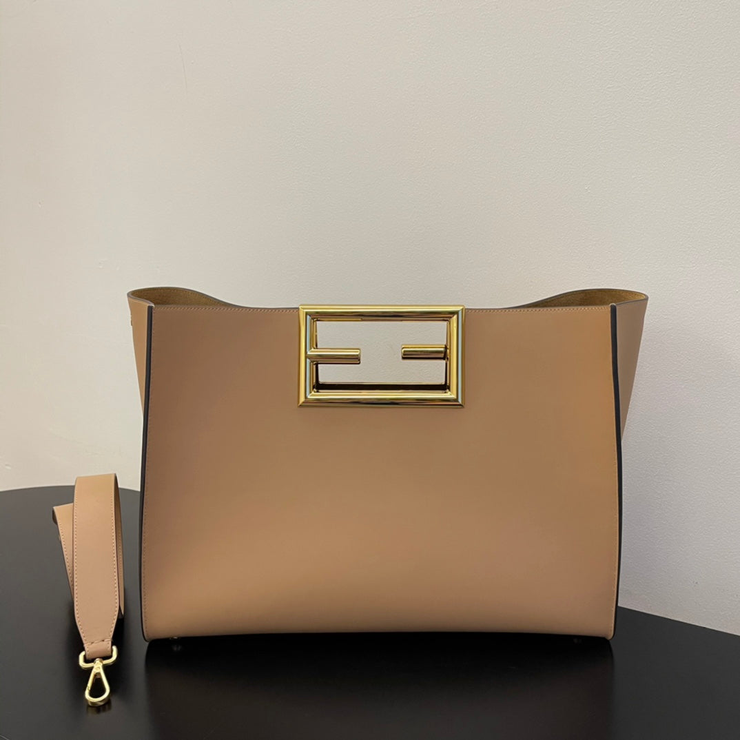 Women's Beige Leather Shoulder Bag with Gold Buckle Hardware