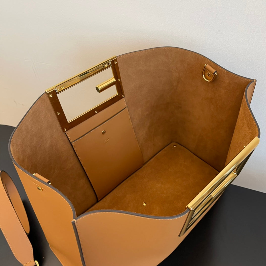 Tan Leather Tote Bag with Gold-Toned Geometric Metal Handle and Detachable Strap