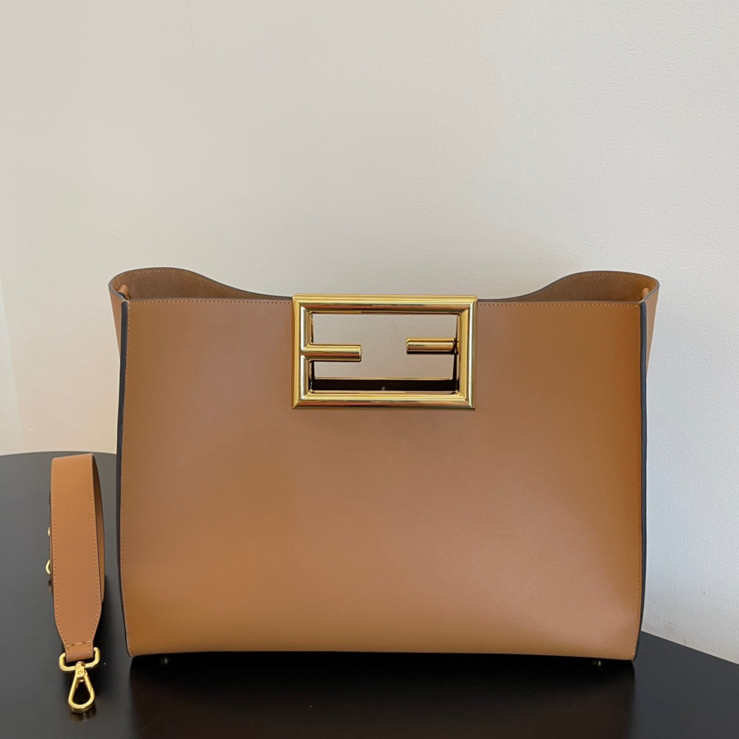 Tan Leather Tote Bag with Gold-Toned Geometric Metal Handle and Detachable Strap