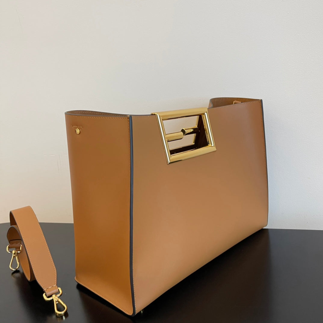 Tan Leather Tote Bag with Gold-Toned Geometric Metal Handle and Detachable Strap