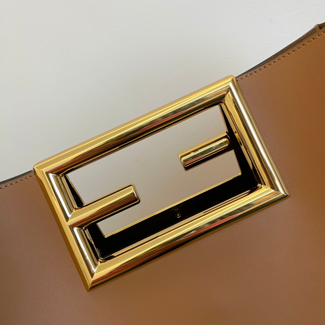 Tan Leather Tote Bag with Gold-Toned Geometric Metal Handle and Detachable Strap