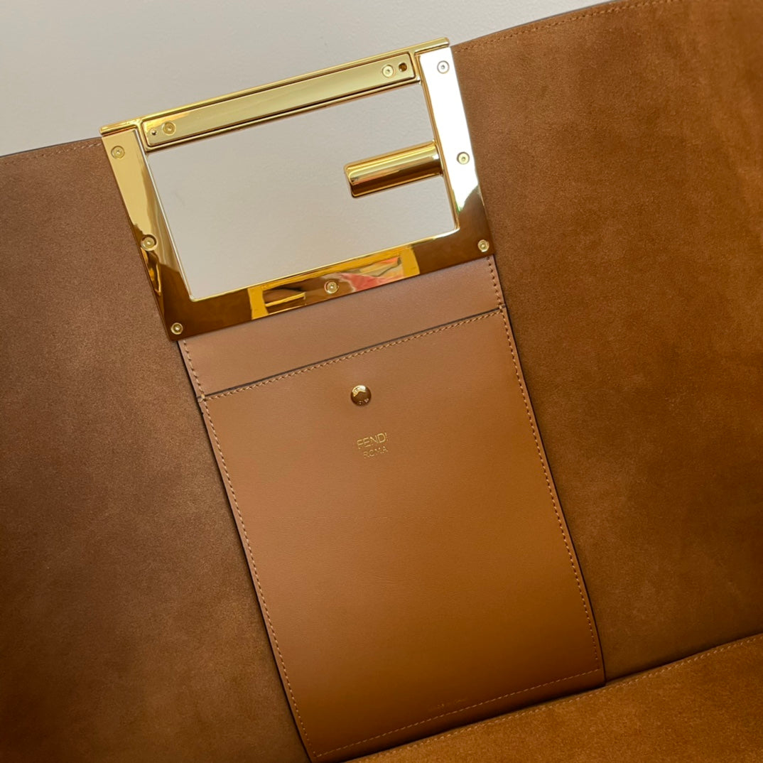Tan Leather Tote Bag with Gold-Toned Geometric Metal Handle and Detachable Strap