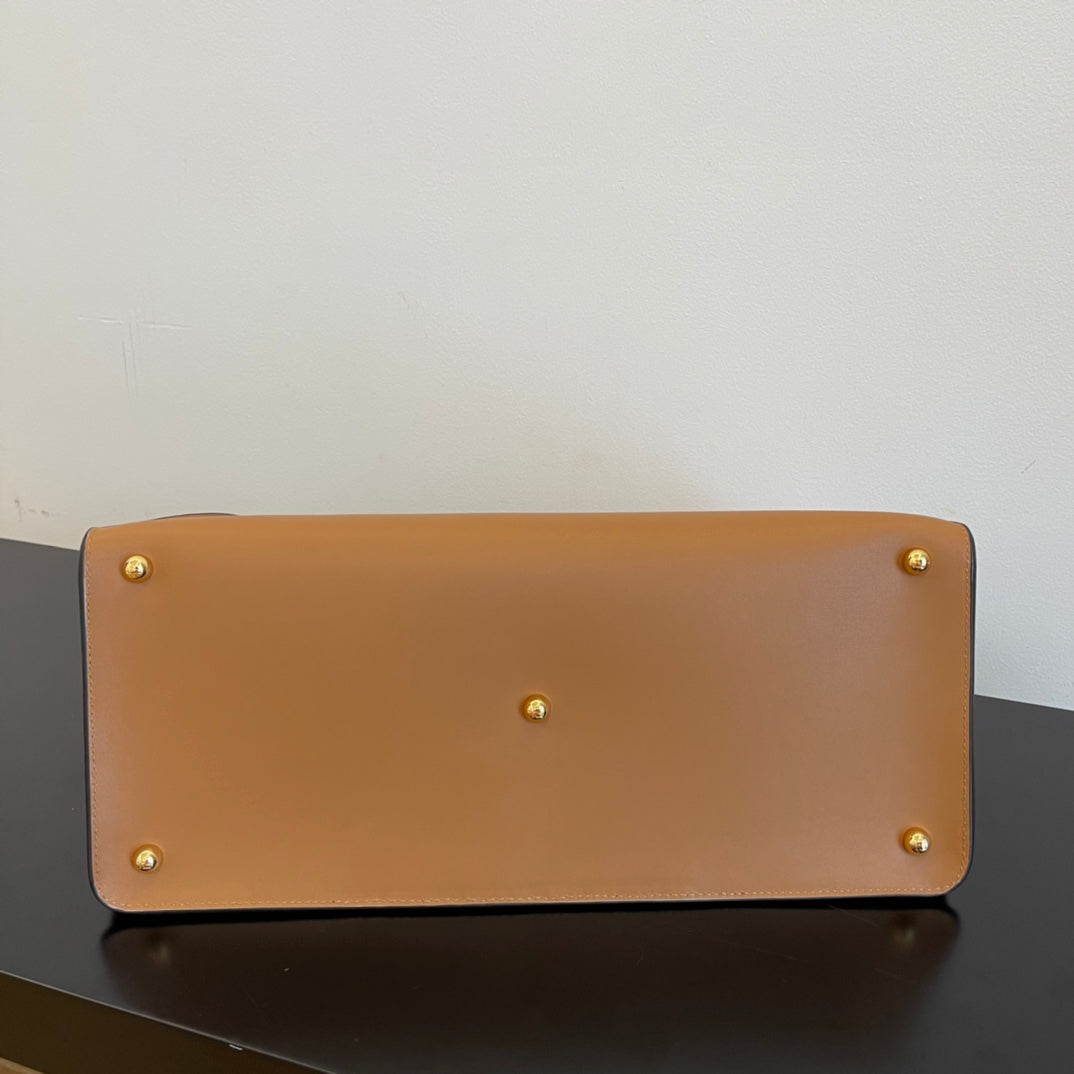 Tan Leather Tote Bag with Gold-Toned Geometric Metal Handle and Detachable Strap