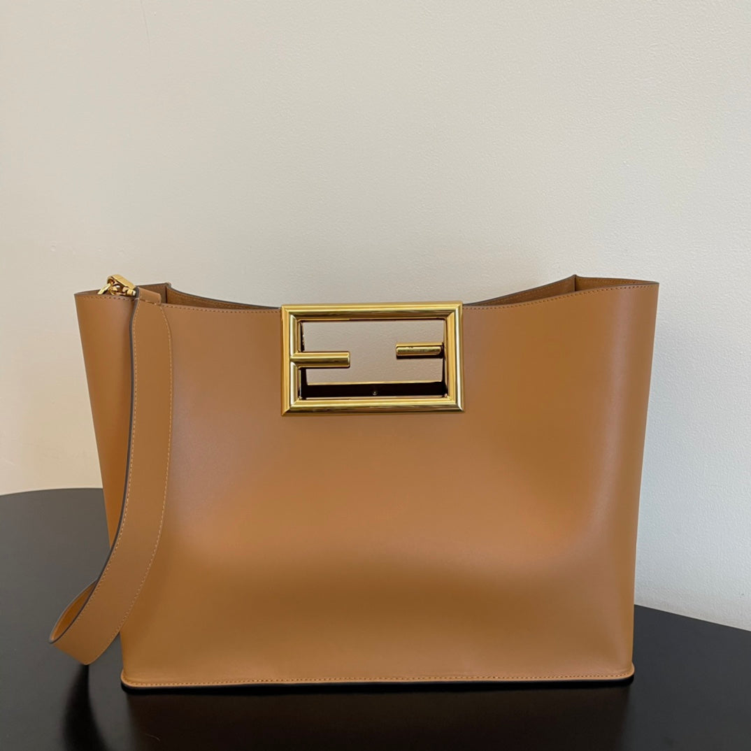 Tan Leather Tote Bag with Gold-Toned Geometric Metal Handle and Detachable Strap