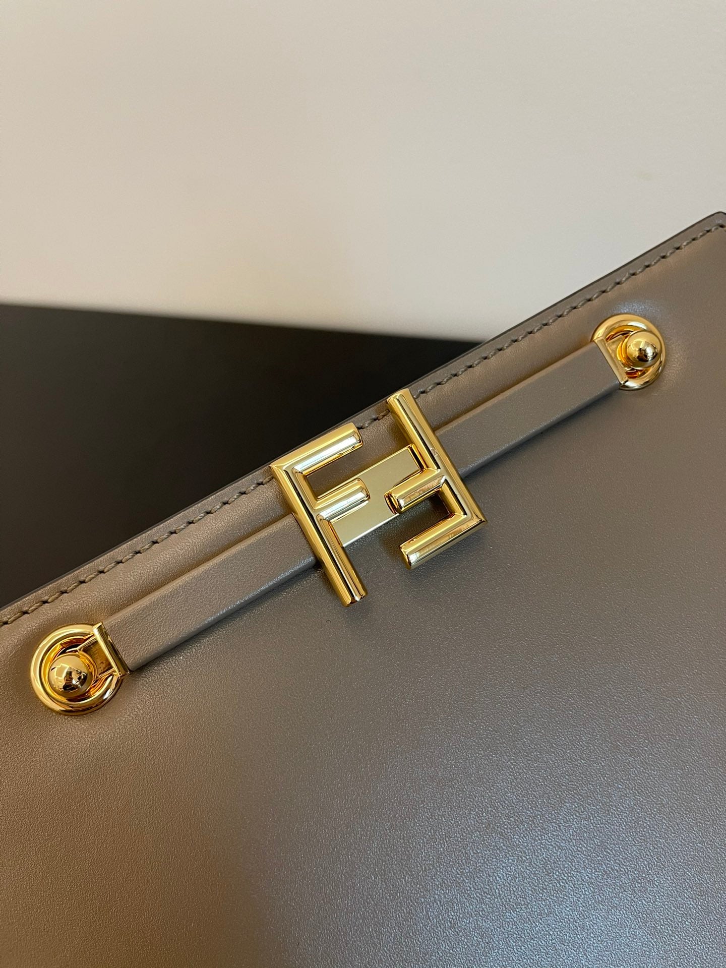 Fendi Small Grey Calfskin Leather Shoulder Bag with Gold-Tone FF Logo