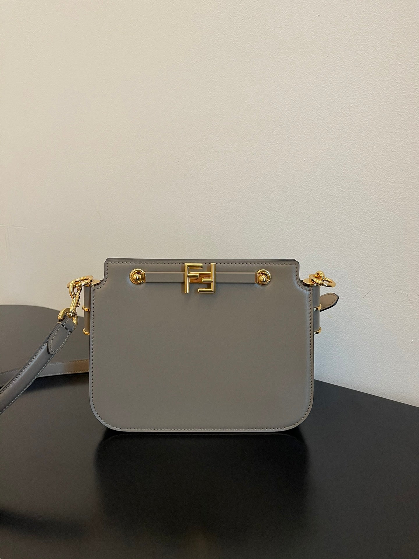 Fendi Small Grey Calfskin Leather Shoulder Bag with Gold-Tone FF Logo