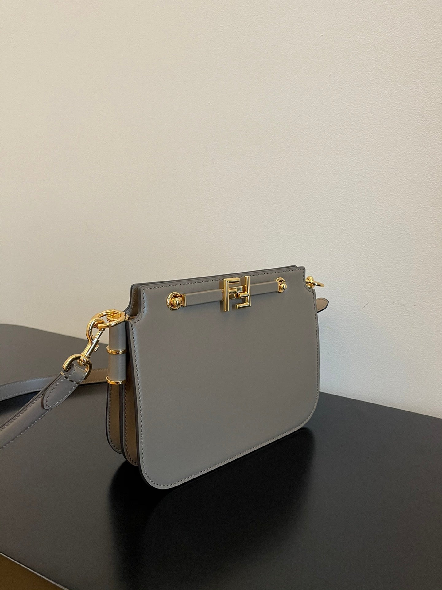 Fendi Small Grey Calfskin Leather Shoulder Bag with Gold-Tone FF Logo