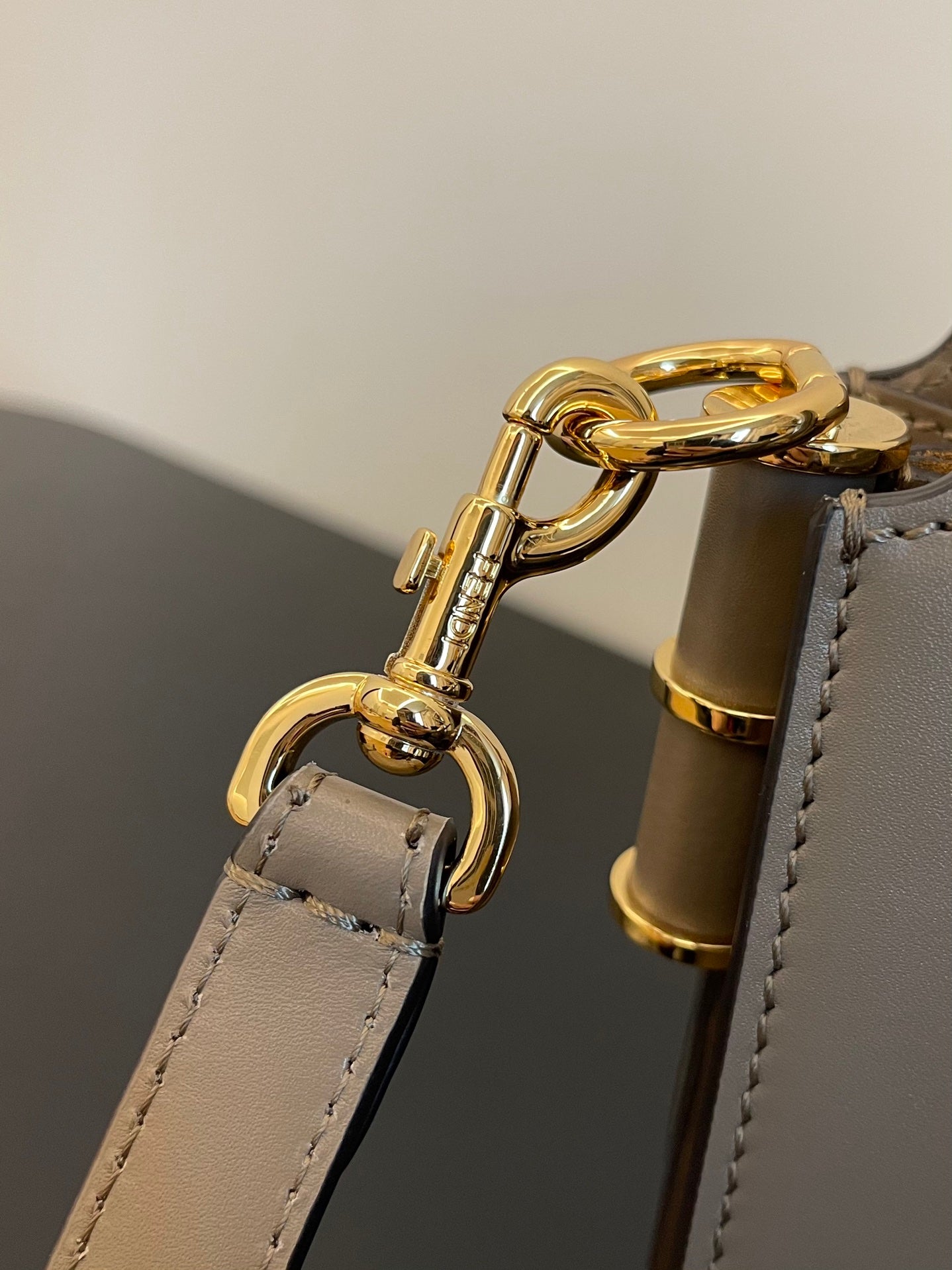 Fendi Small Grey Calfskin Leather Shoulder Bag with Gold-Tone FF Logo