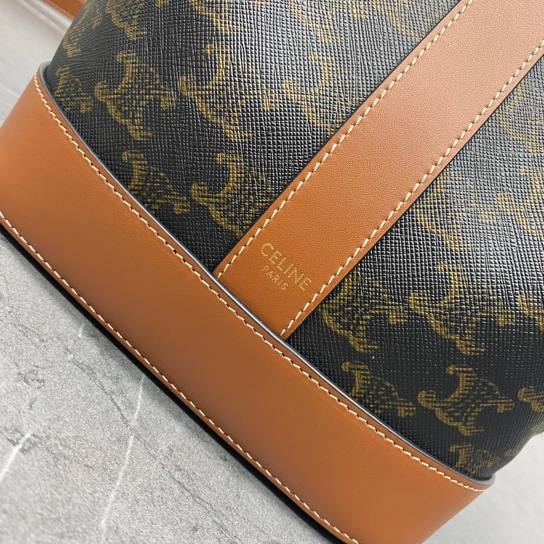 Celine Small Bucket Bag in Triomphe Canvas and Calfskin - Tan