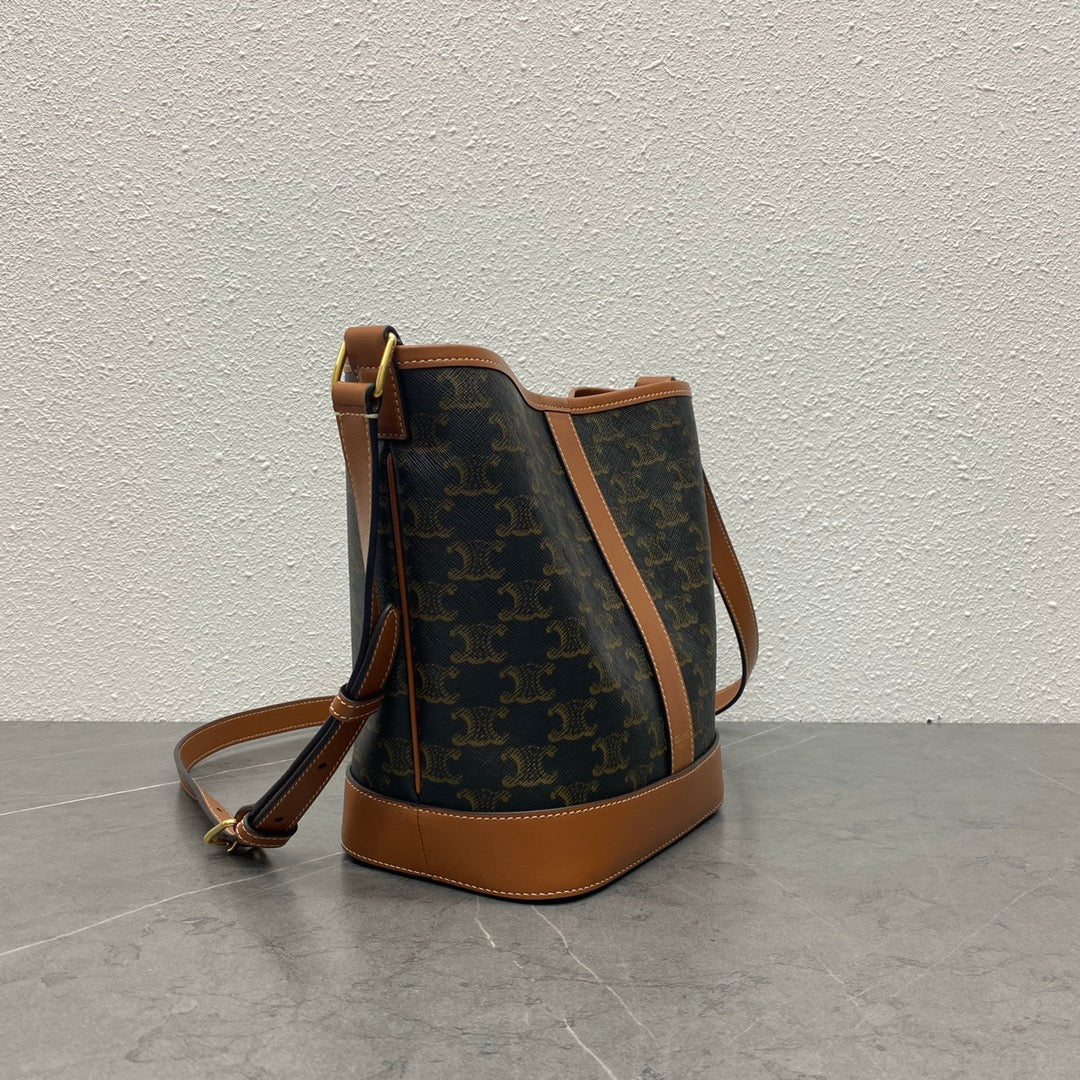 Celine Small Bucket Bag in Triomphe Canvas and Calfskin - Tan