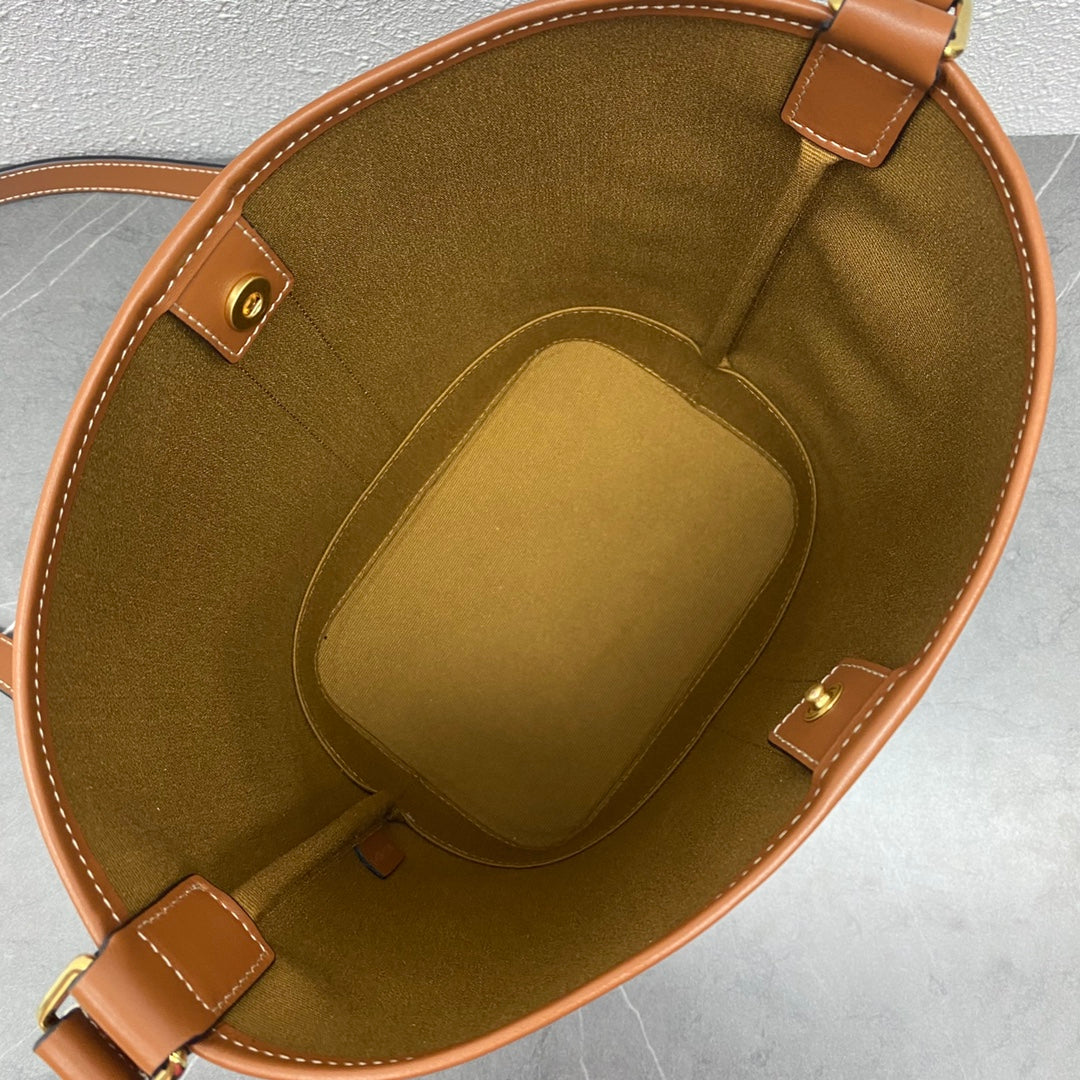 Celine Small Bucket Bag in Triomphe Canvas and Calfskin - Tan