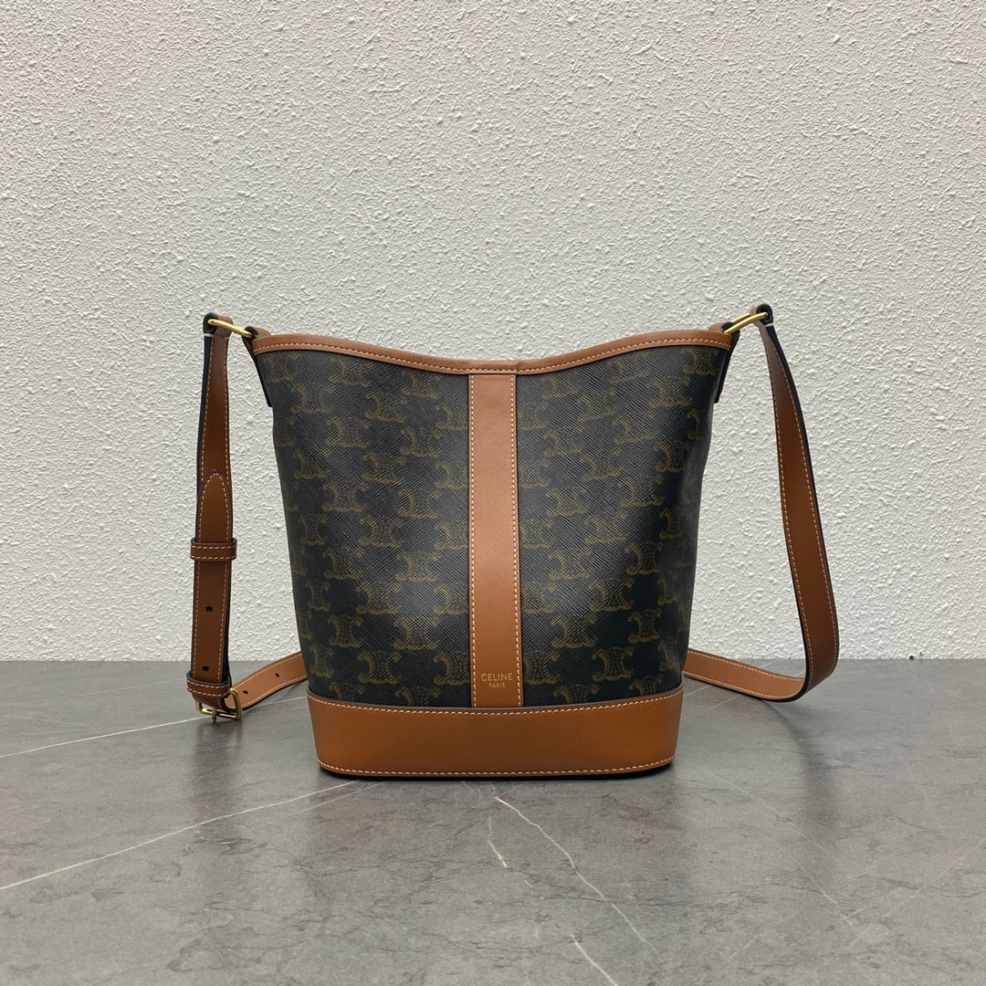 Celine Small Bucket Bag in Triomphe Canvas and Calfskin - Tan