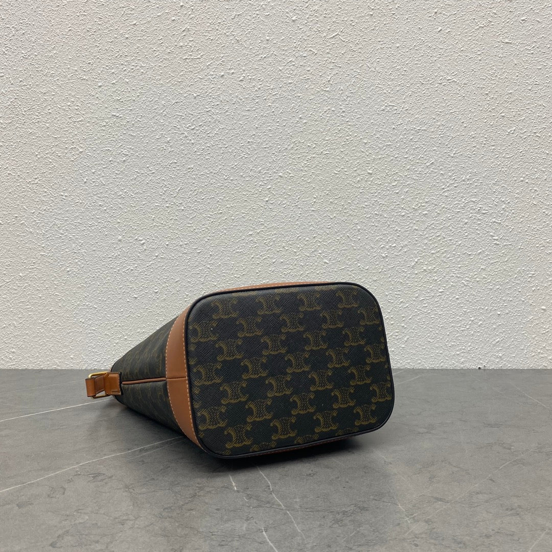 Celine Small Bucket Bag in Triomphe Canvas and Calfskin - Tan