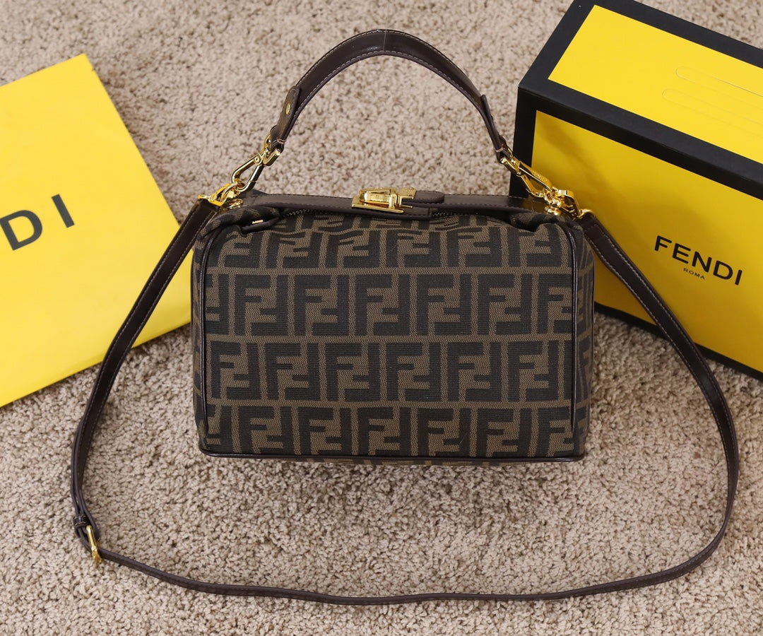 Fendi FF Monogram Canvas Small Boston Bag - Brown with Gold Hardware